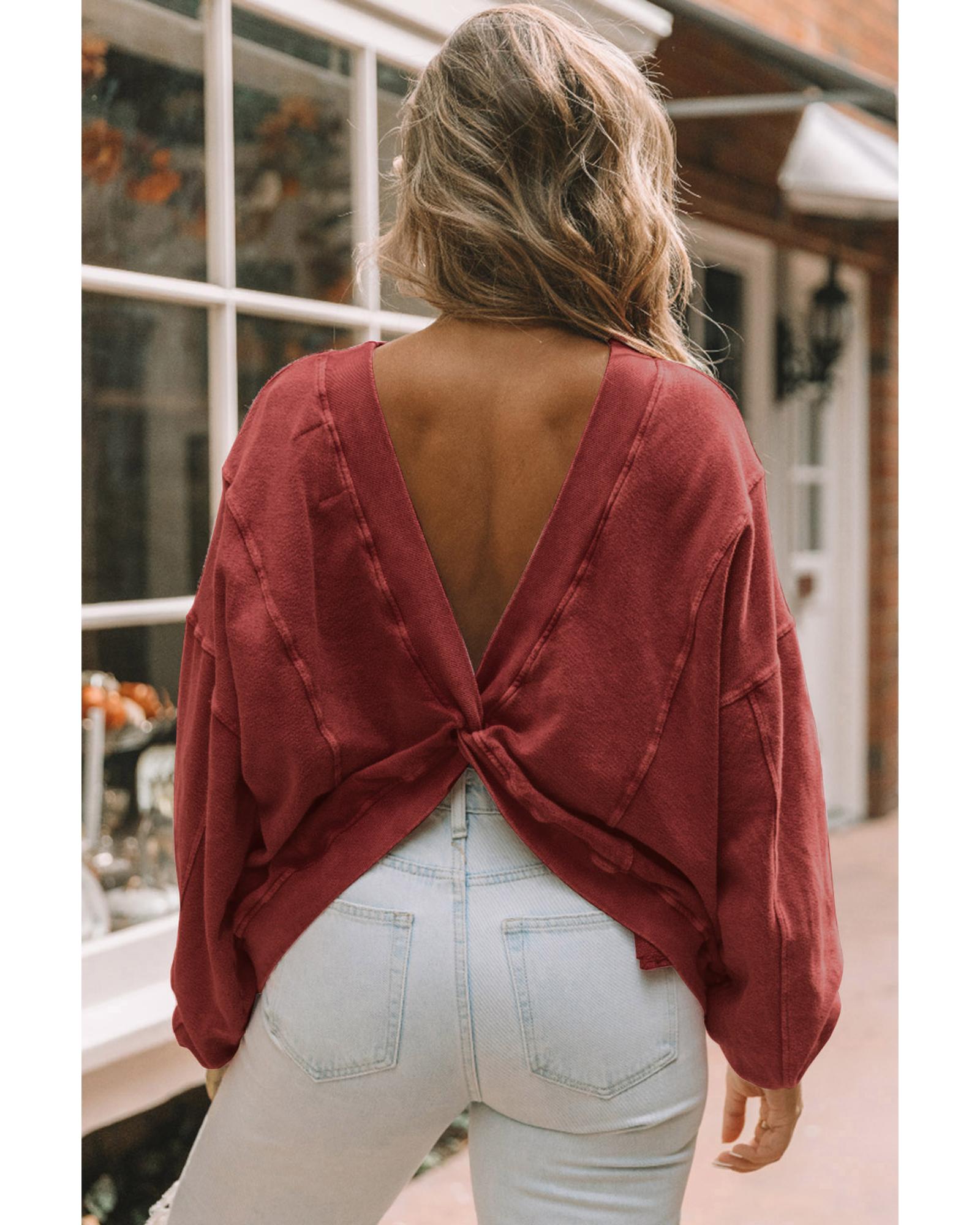 Red Exposed Seam Twist Open Back Oversized Sweatshirt - L 6