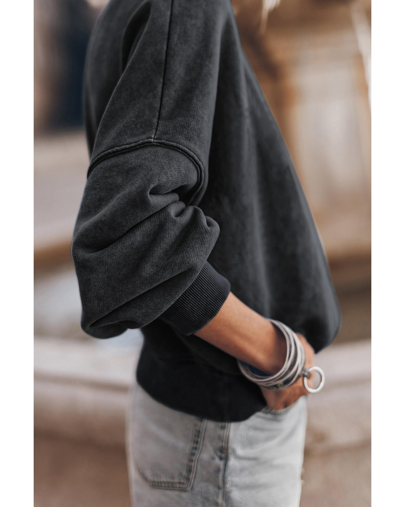 Black Drop Shoulder Crew Neck Pullover Sweatshirt - M 7