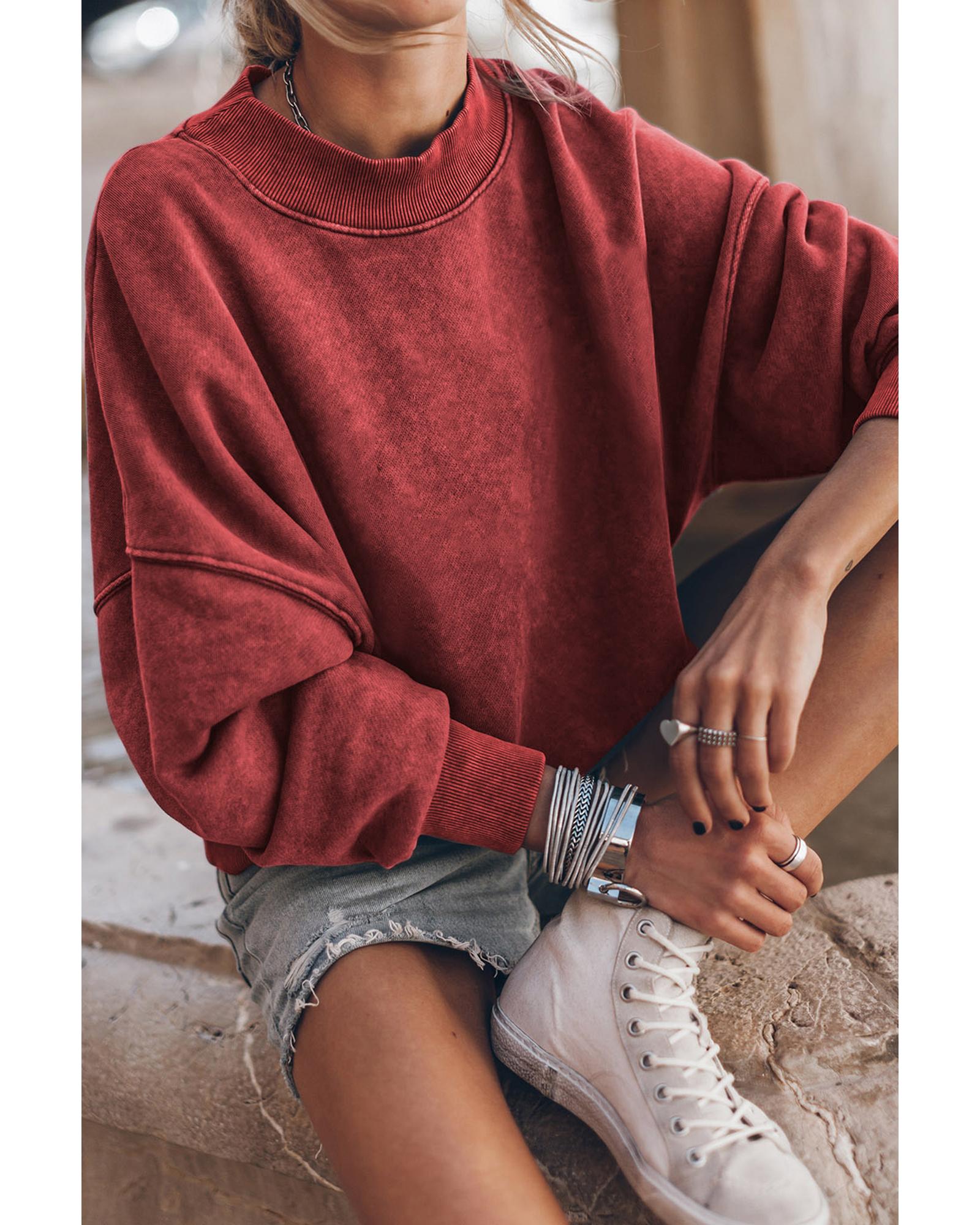 Red Dahlia Drop Shoulder Crew Neck Pullover Sweatshirt - M