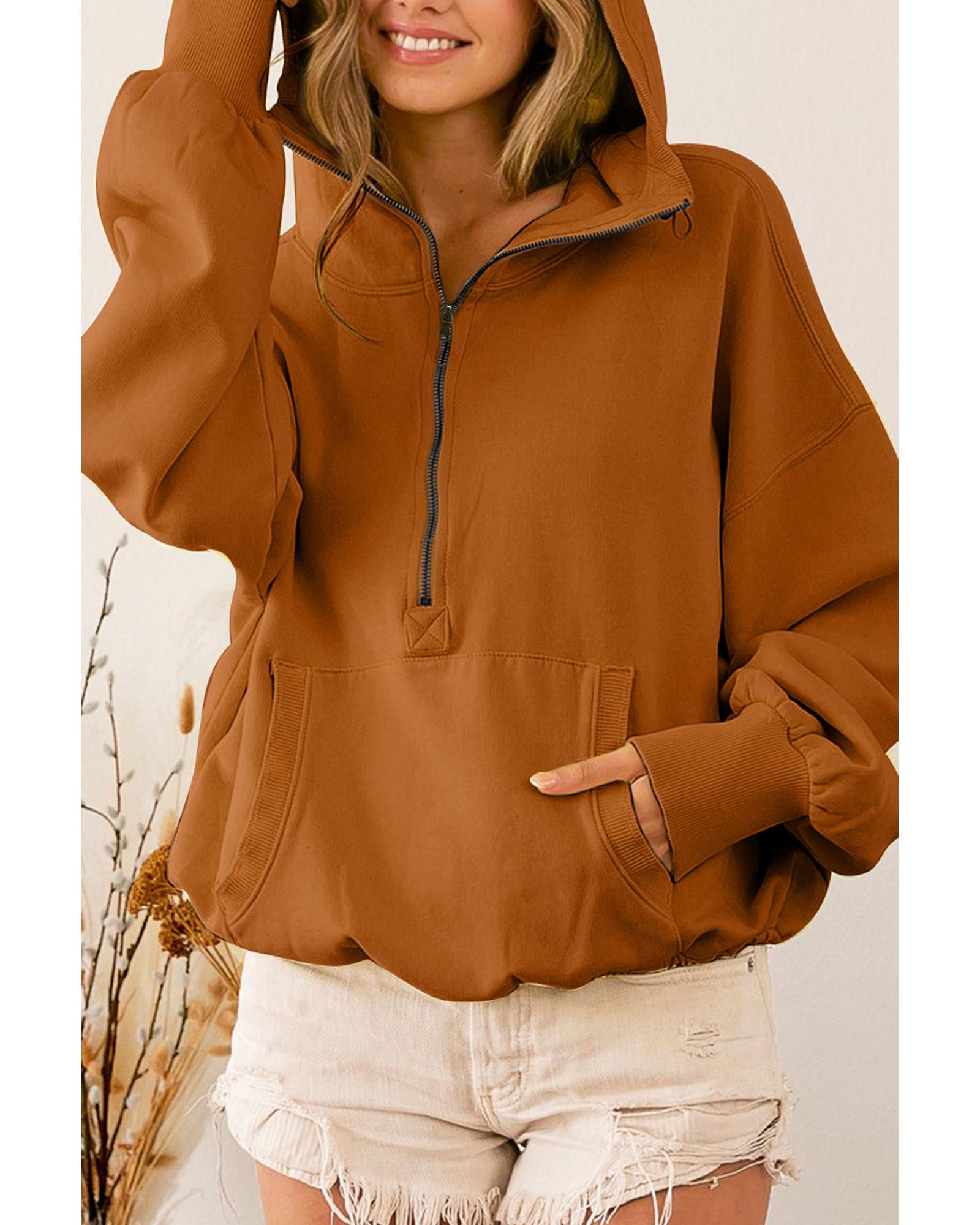 Brown Ribbed Trim Kangaroo Pocket Zipped Hoodie - L