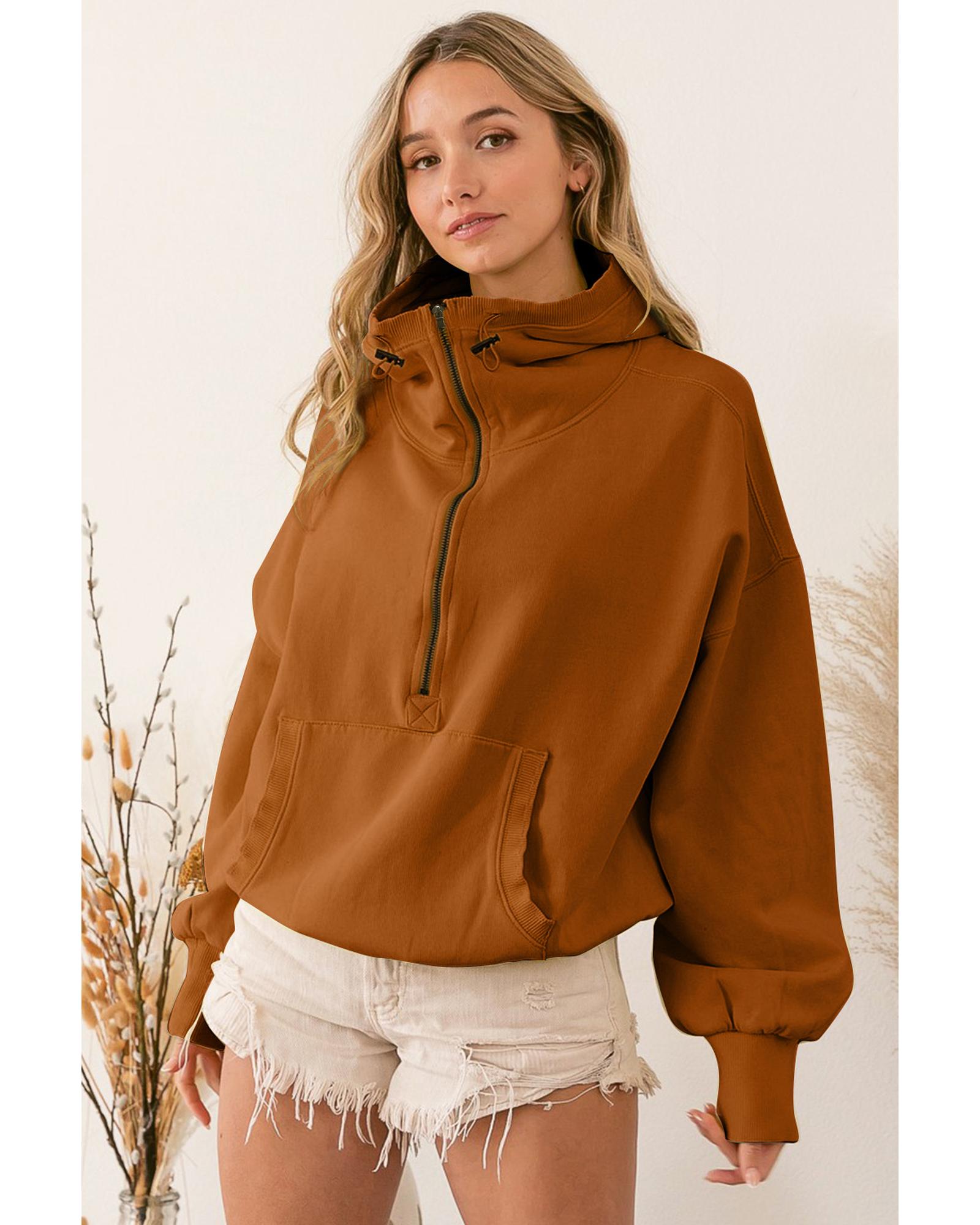 Brown Ribbed Trim Kangaroo Pocket Zipped Hoodie - M 4