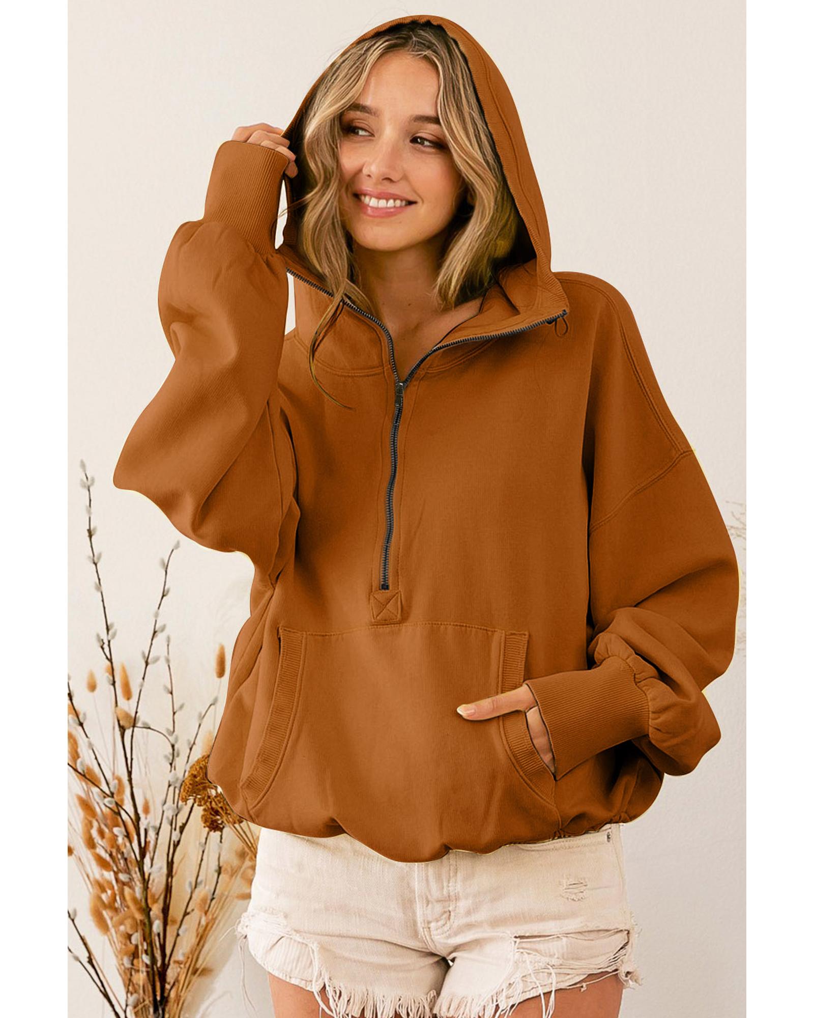 Brown Ribbed Trim Kangaroo Pocket Zipped Hoodie - XL
