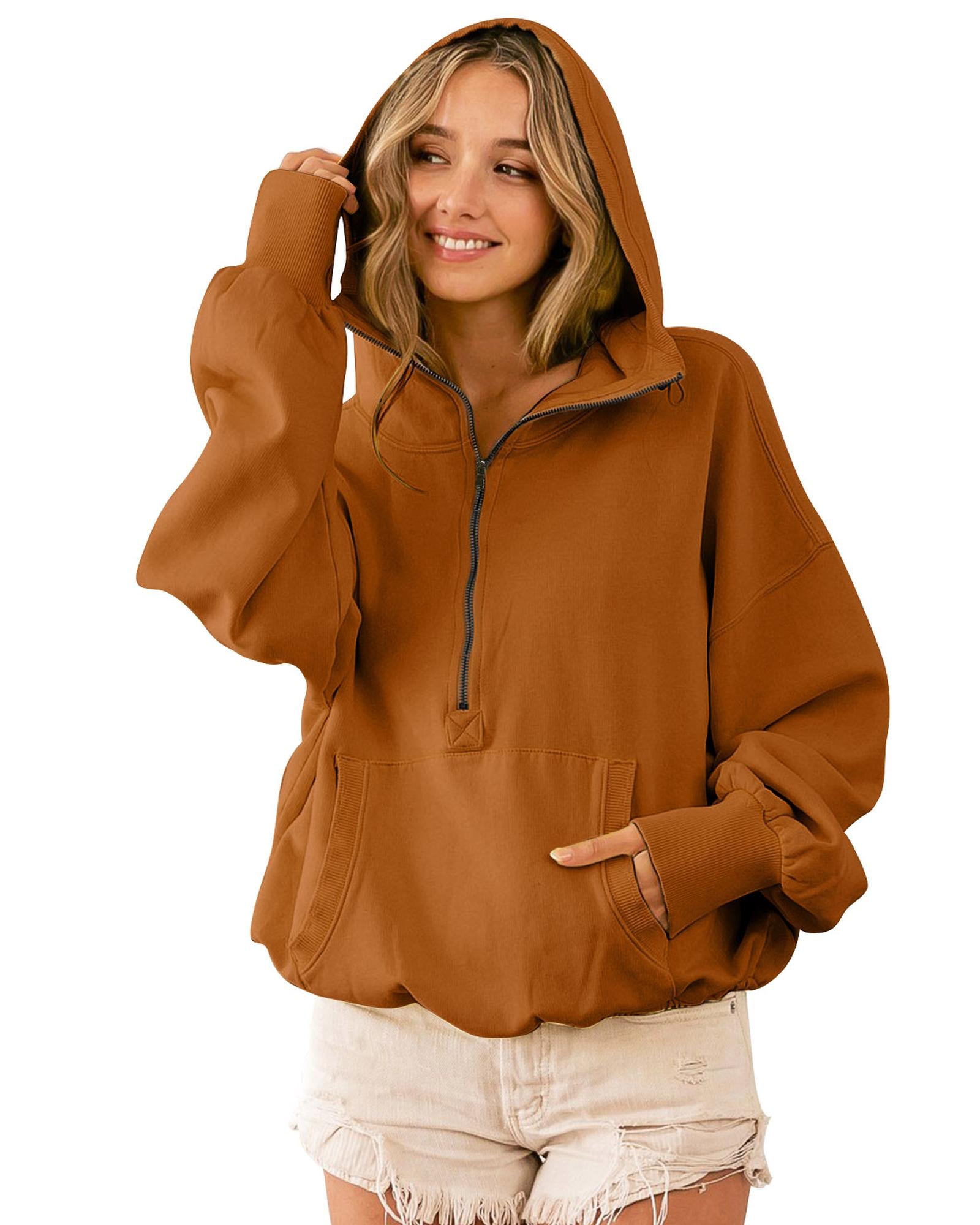 Brown Ribbed Trim Kangaroo Pocket Zipped Hoodie - XL 3