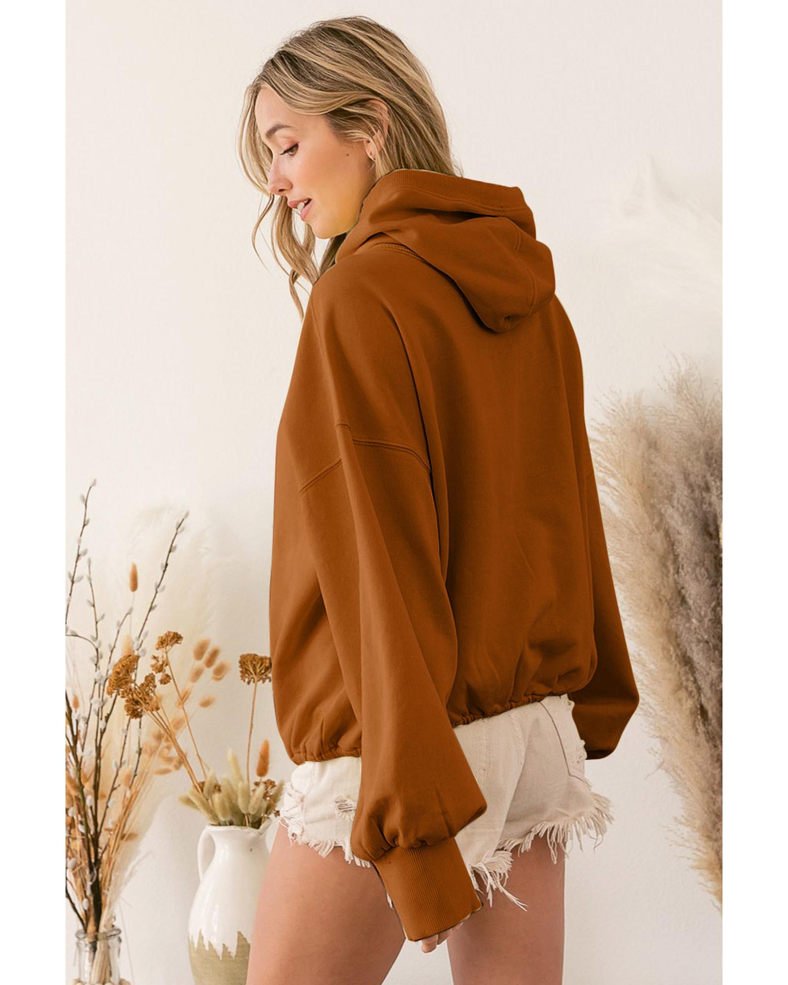 Brown Ribbed Trim Kangaroo Pocket Zipped Hoodie - XL 5