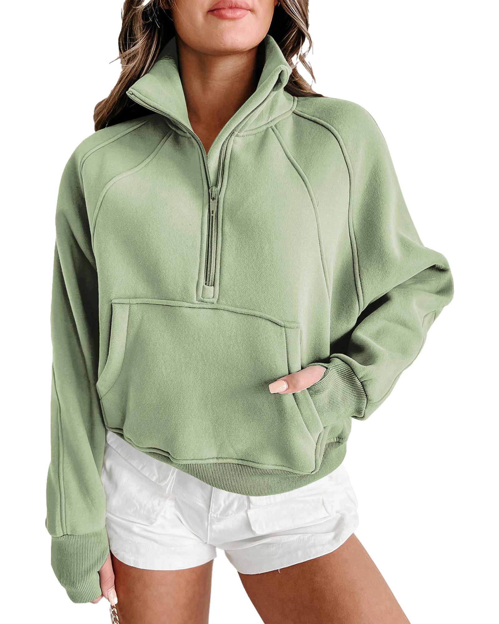 Smoke Green Fleece Lined Zip Up Stand Collar Thumbhole Sleeve Sweatshirt - 2XL 3
