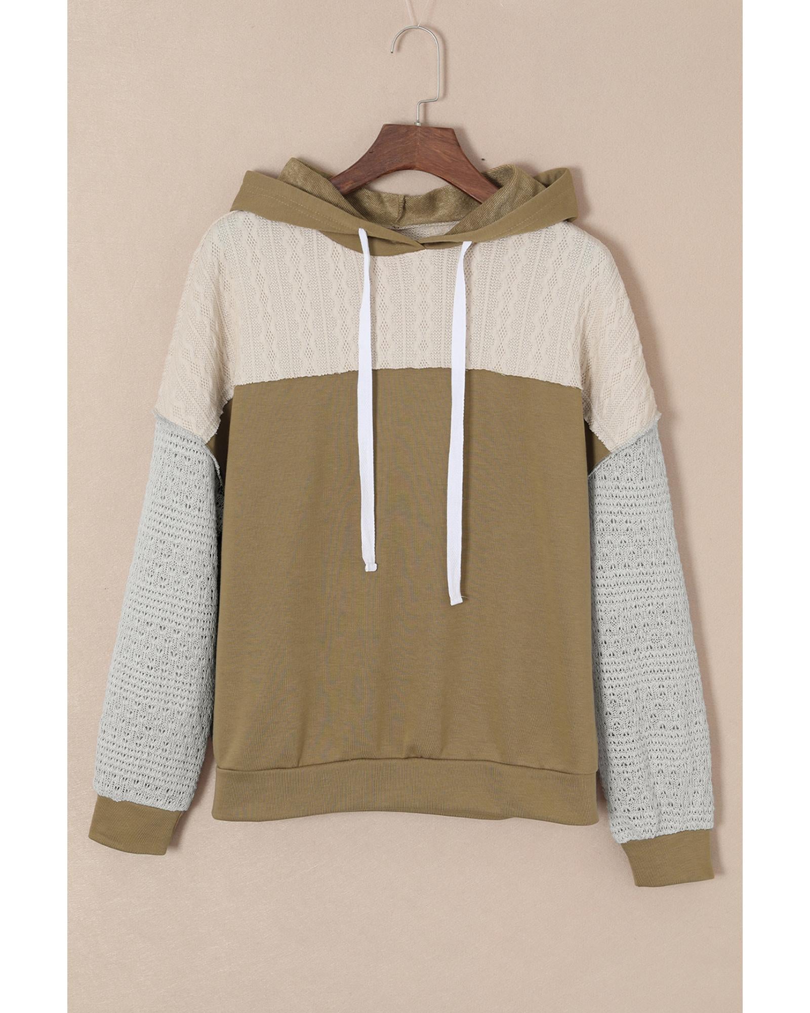 Brown Colorblock Patchwork Pullover Hoodie - L