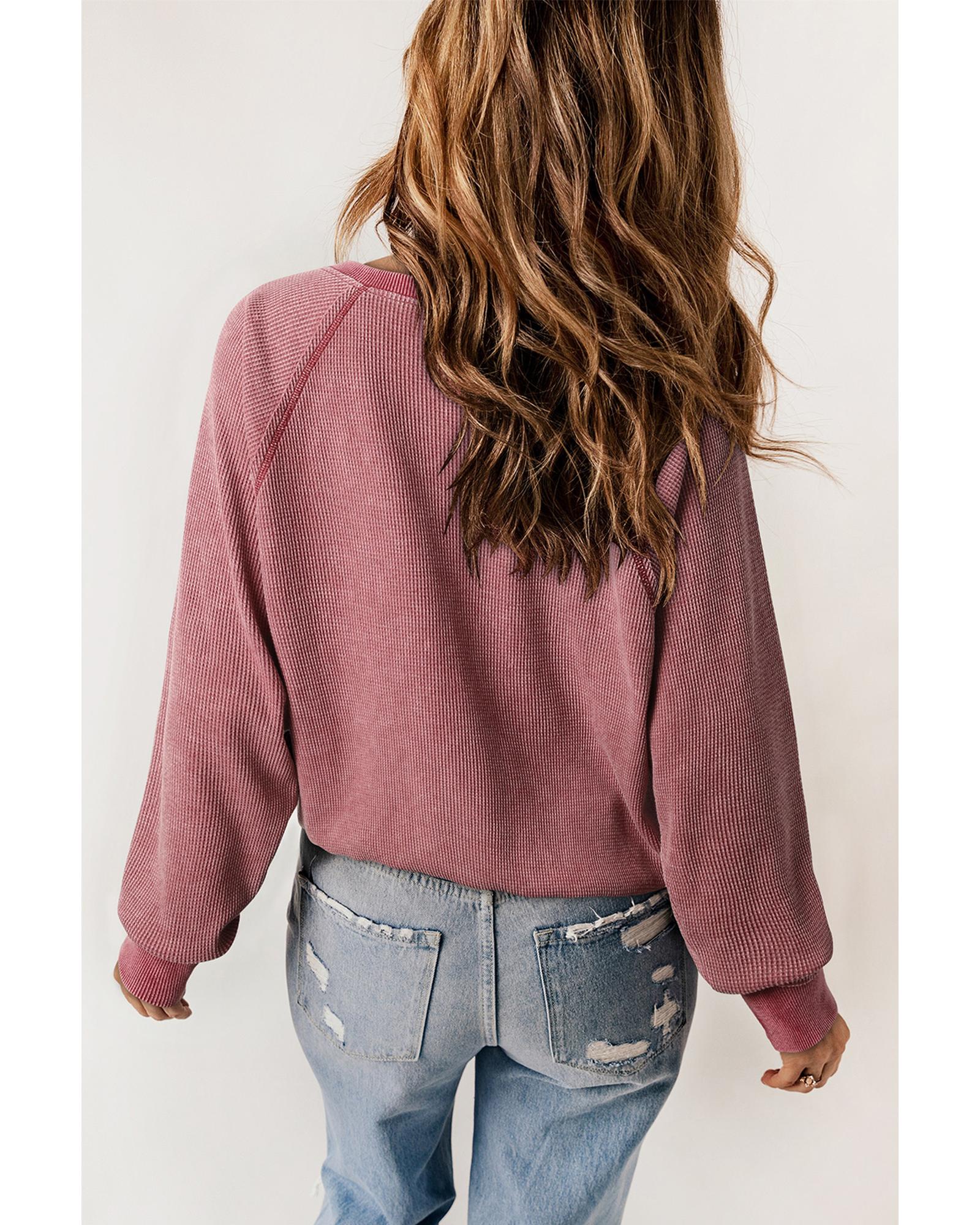 Red Waffle Knit Raglan Sleeve Henley Sweatshirt - M 3