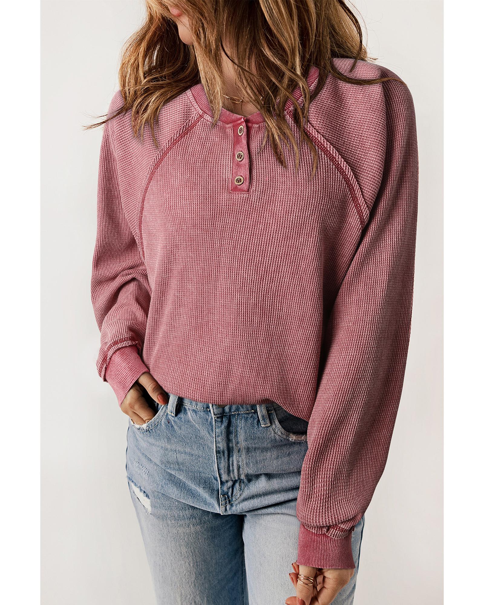 Red Waffle Knit Raglan Sleeve Henley Sweatshirt - S