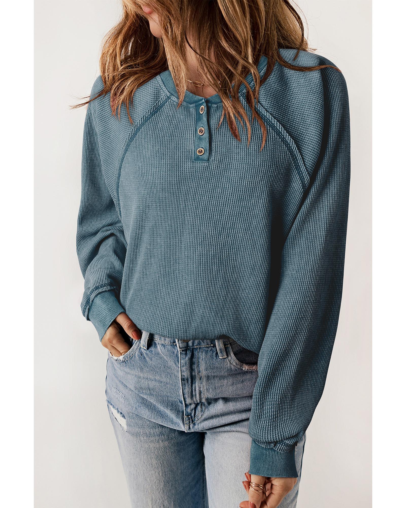 Sea Green Waffle Knit Raglan Sleeve Henley Sweatshirt - L