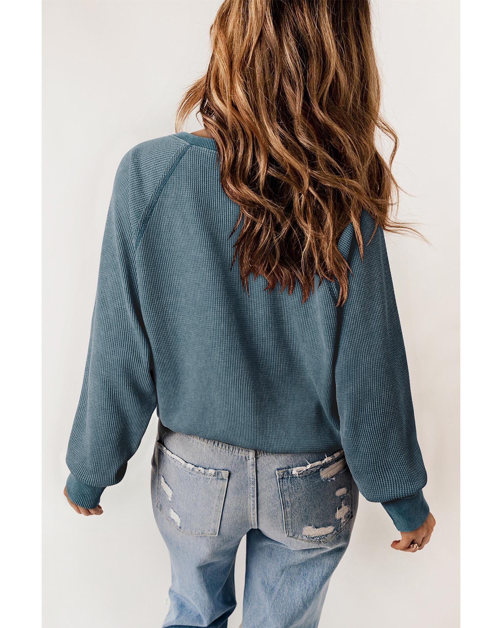 Sea Green Waffle Knit Raglan Sleeve Henley Sweatshirt - M