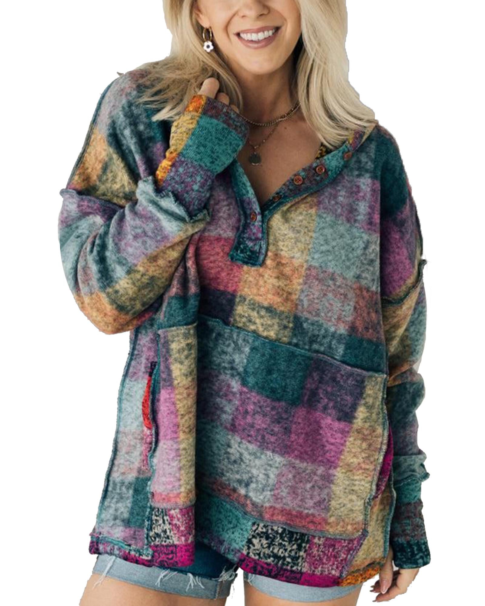 Multicolor Brushed Plaid Buttoned Pullover Oversized Hoodie - L
