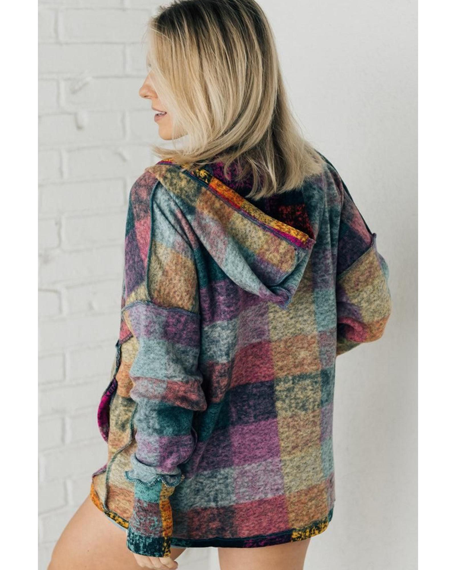 Multicolor Brushed Plaid Buttoned Pullover Oversized Hoodie - M