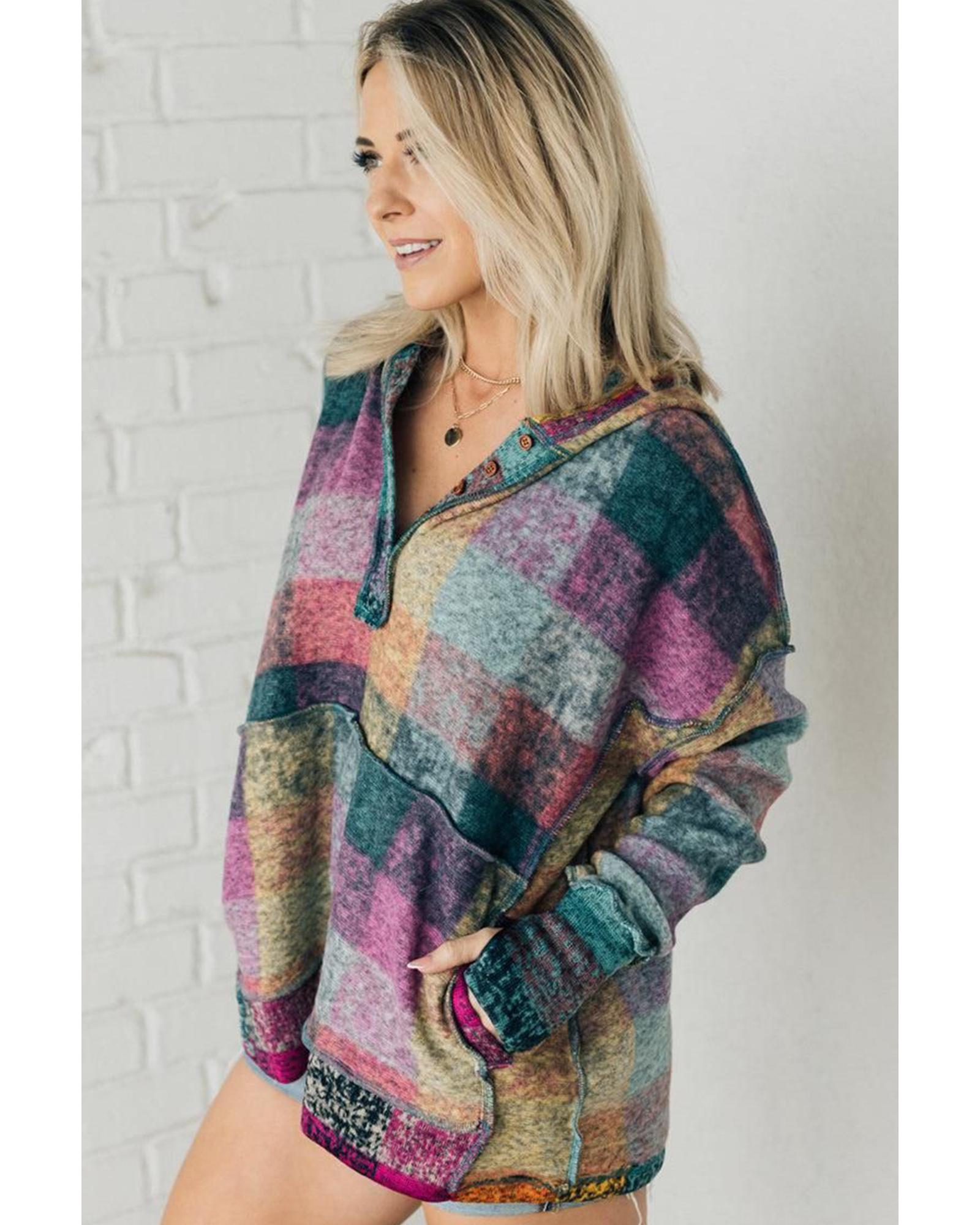 Multicolor Brushed Plaid Buttoned Pullover Oversized Hoodie - M