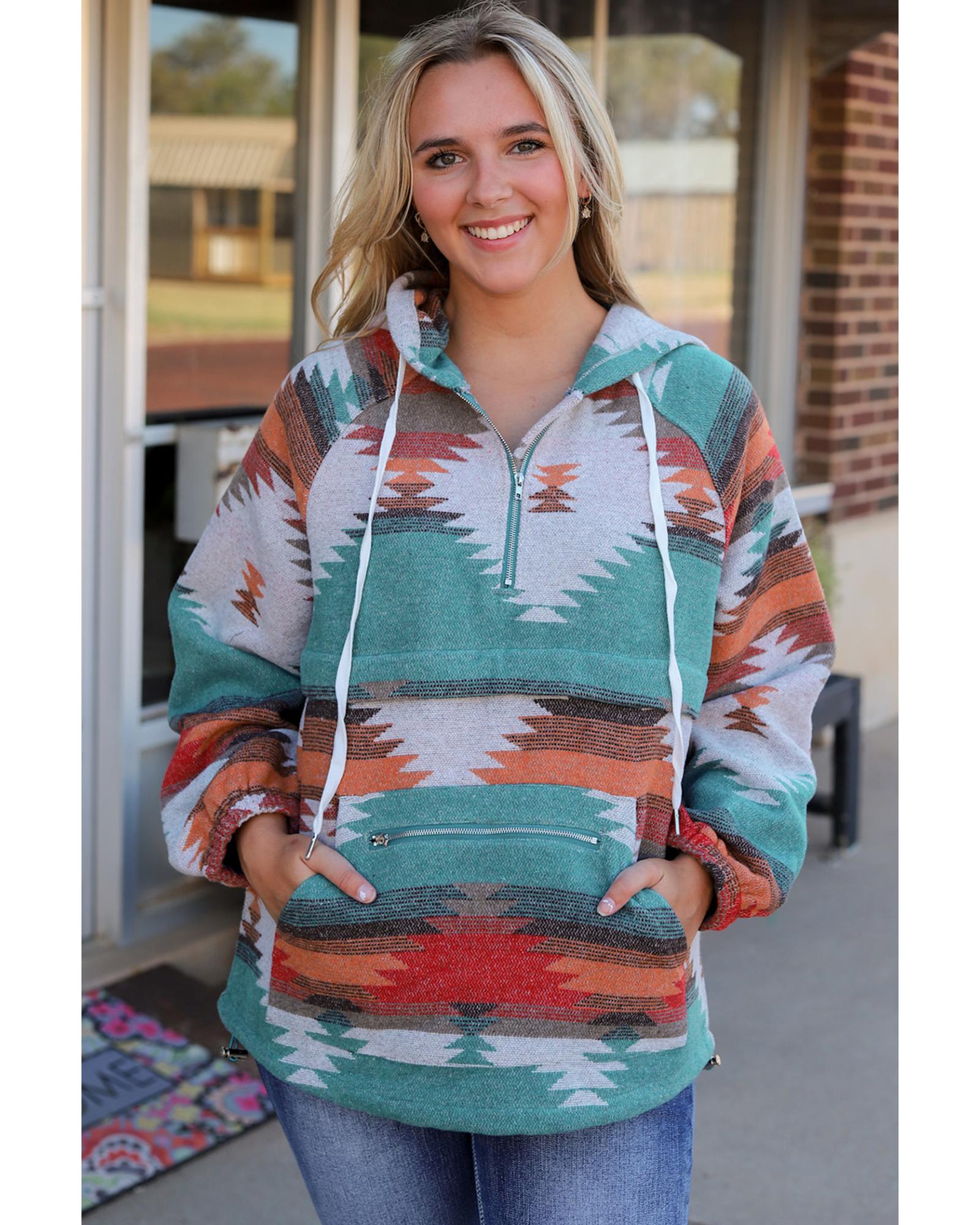 Multicolor Aztec Print Zipped Split Neck Hoodie - S 7