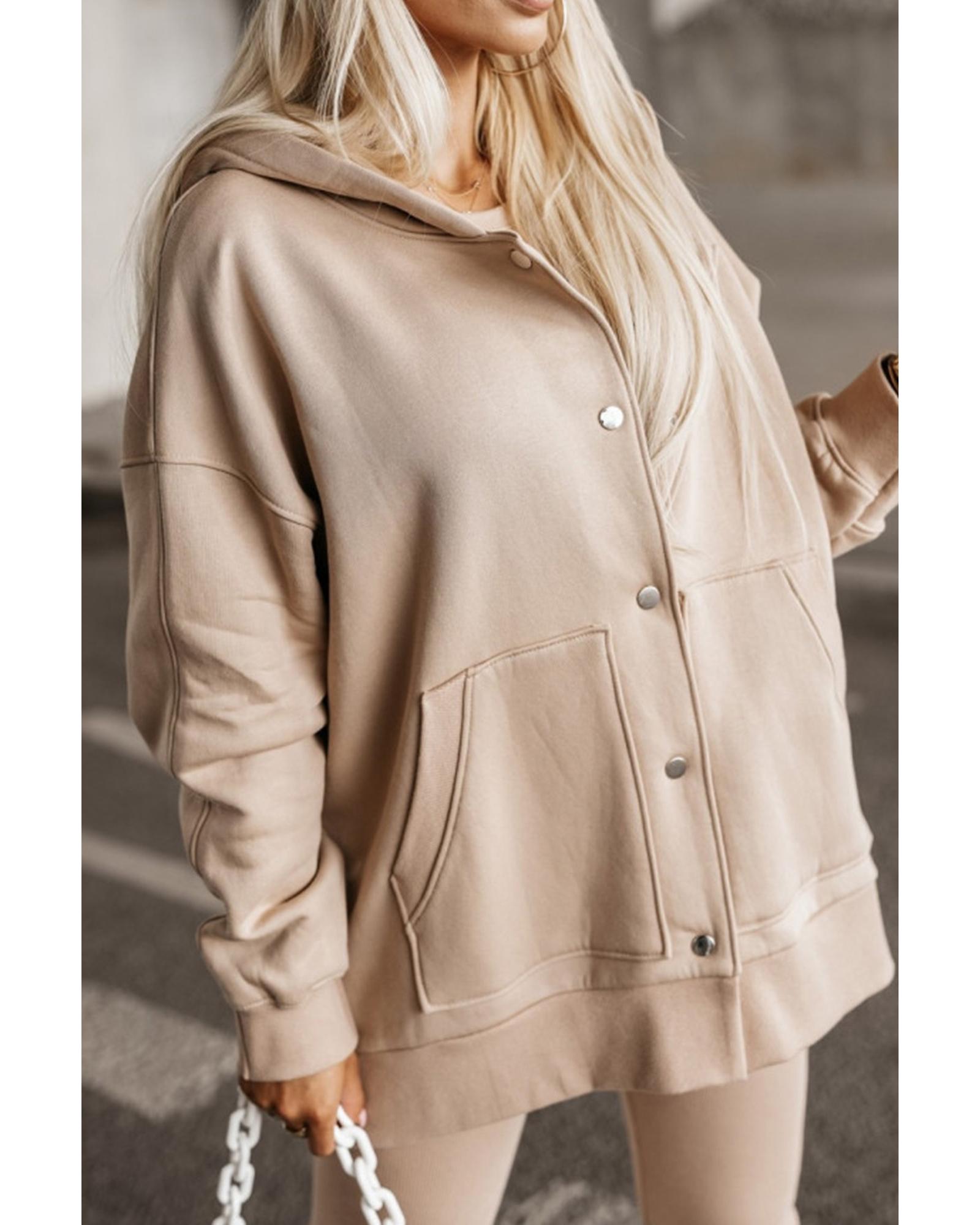 Beige Solid Color Pocketed Button Up Loose Hoodie - L