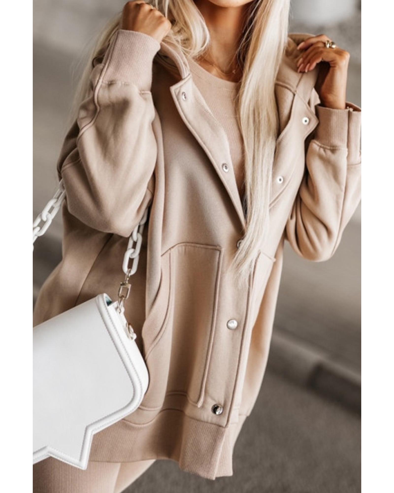 Beige Solid Color Pocketed Button Up Loose Hoodie - L 4