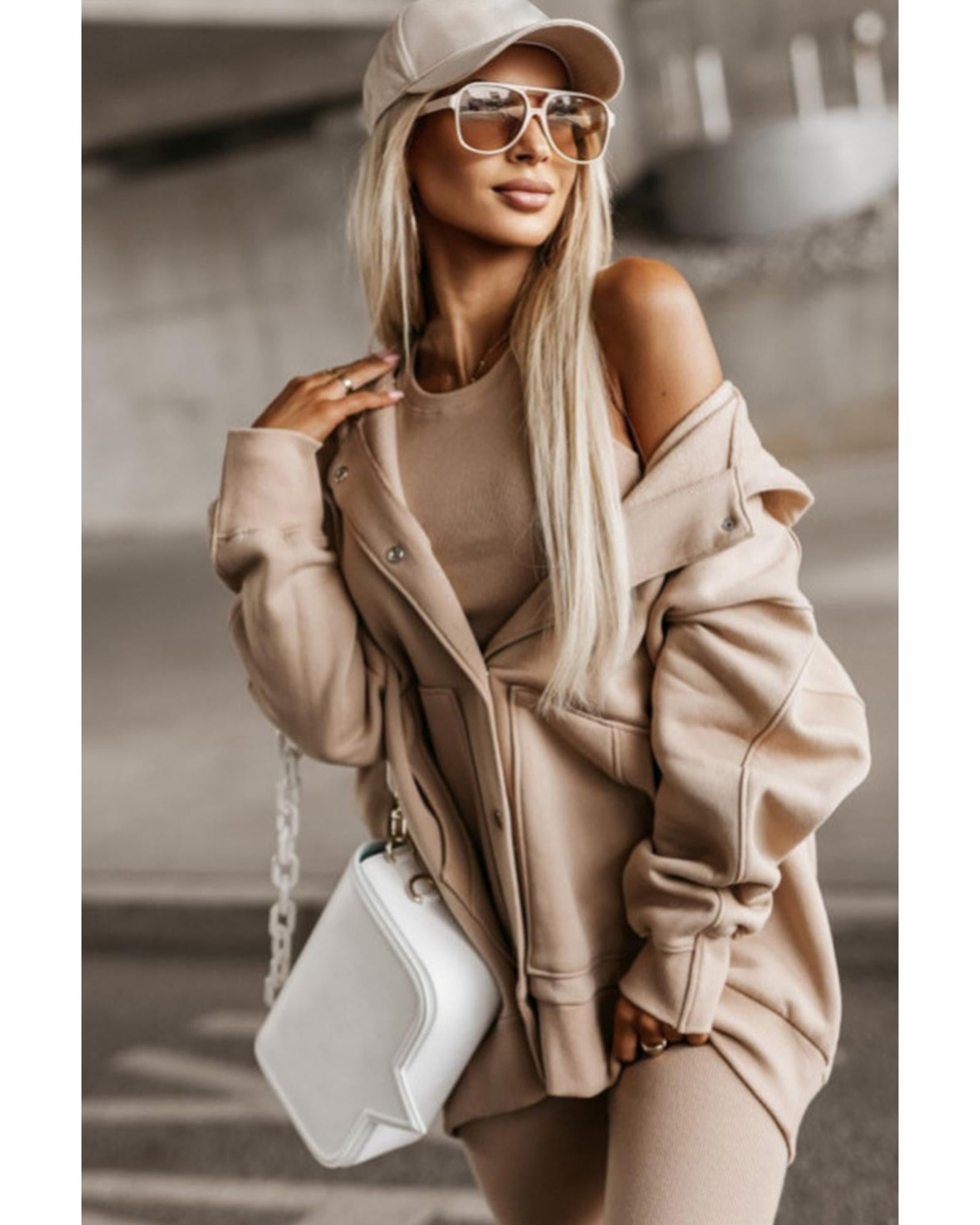 Beige Solid Color Pocketed Button Up Loose Hoodie - L 5