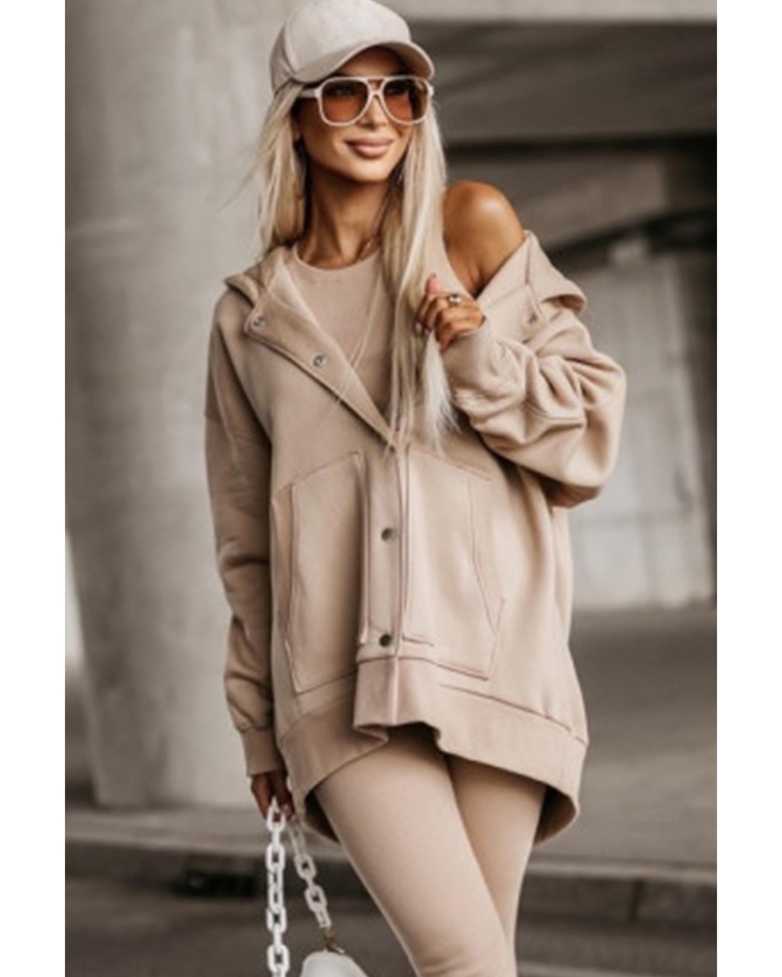 Beige Solid Color Pocketed Button Up Loose Hoodie - M 3