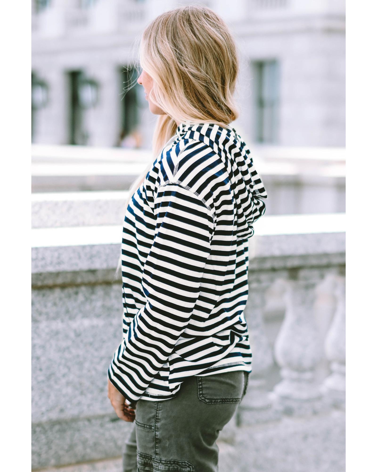 Stripe Kangaroo Pocket Drawstring Hoodie - L