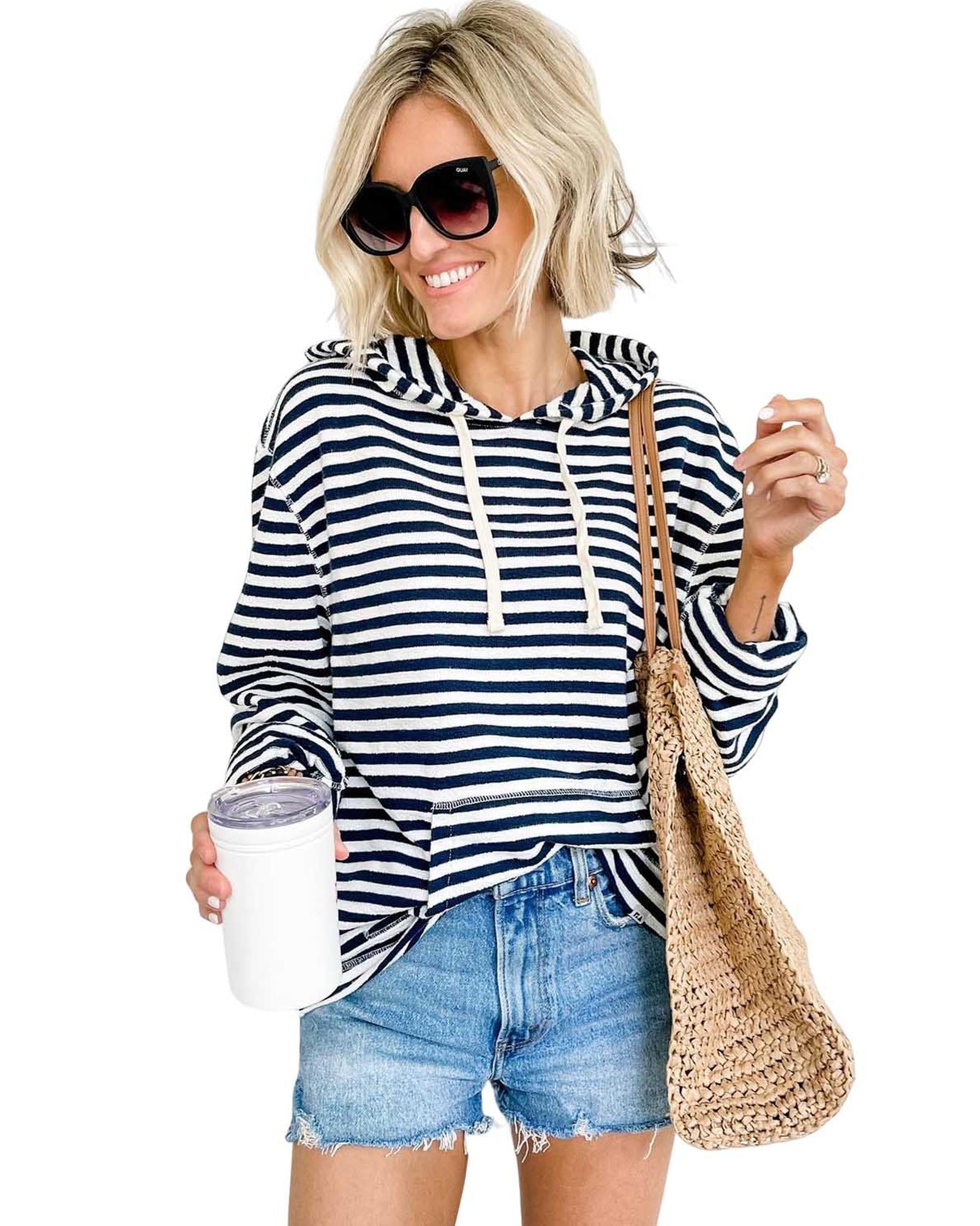 Stripe Kangaroo Pocket Drawstring Hoodie - L