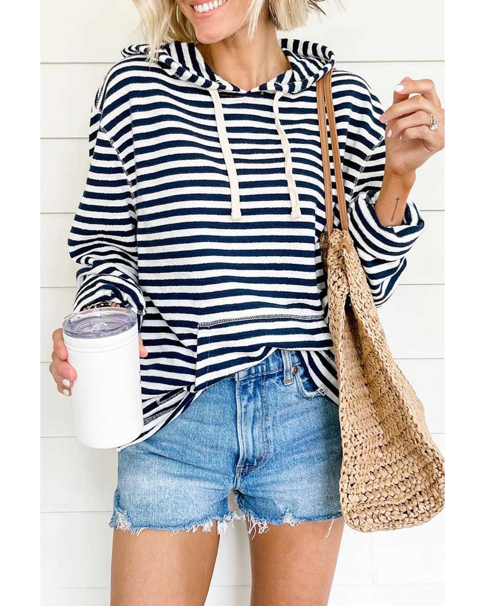 Stripe Kangaroo Pocket Drawstring Hoodie - S
