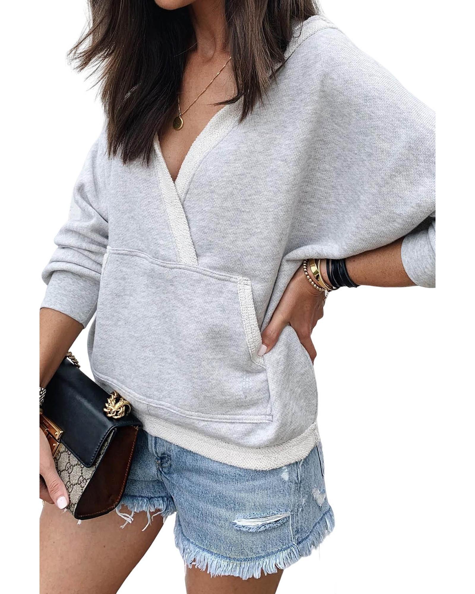 Gray Contrast Trim V Neck Wrap Sweatshirt with Pocket - L 7
