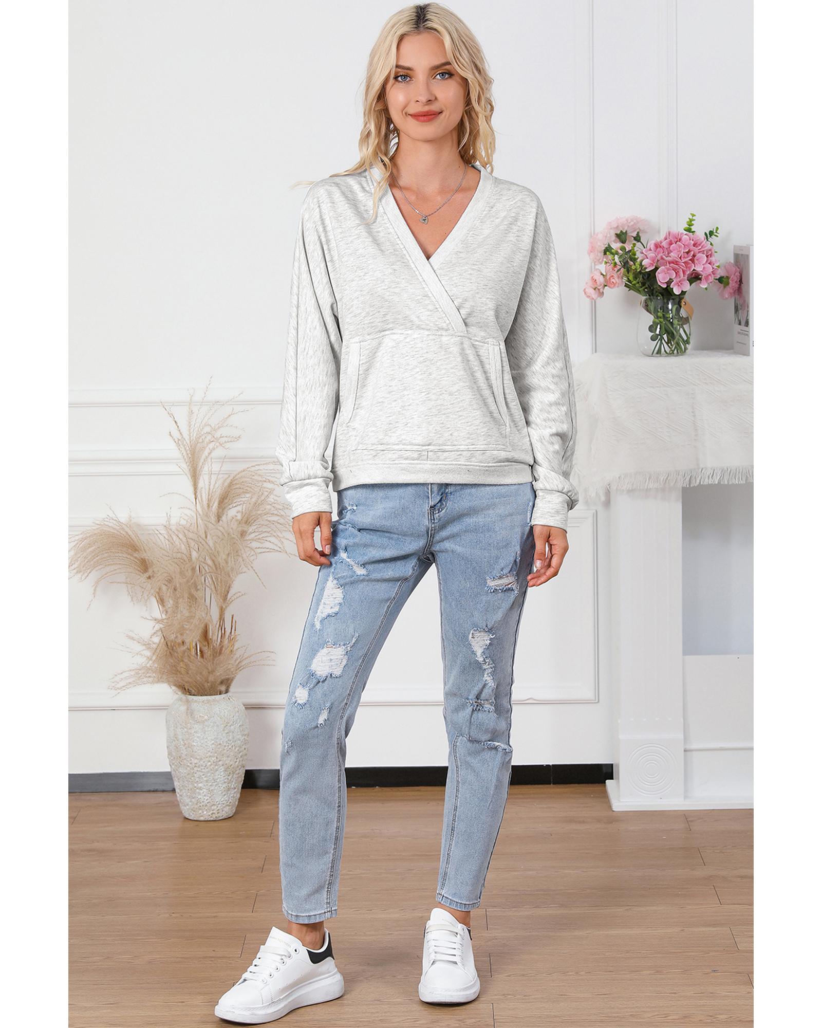Gray Contrast Trim V Neck Wrap Sweatshirt with Pocket - M 3