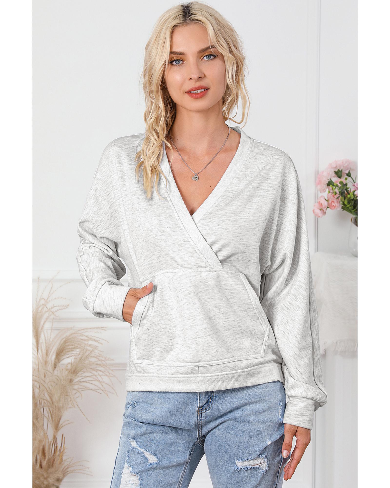 Gray Contrast Trim V Neck Wrap Sweatshirt with Pocket - M 4