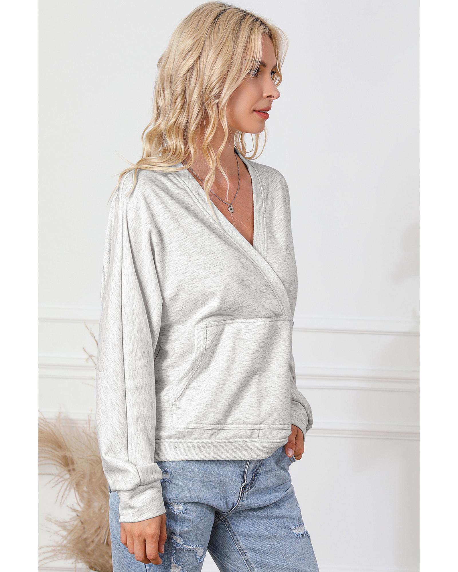 Gray Contrast Trim V Neck Wrap Sweatshirt with Pocket - M 5