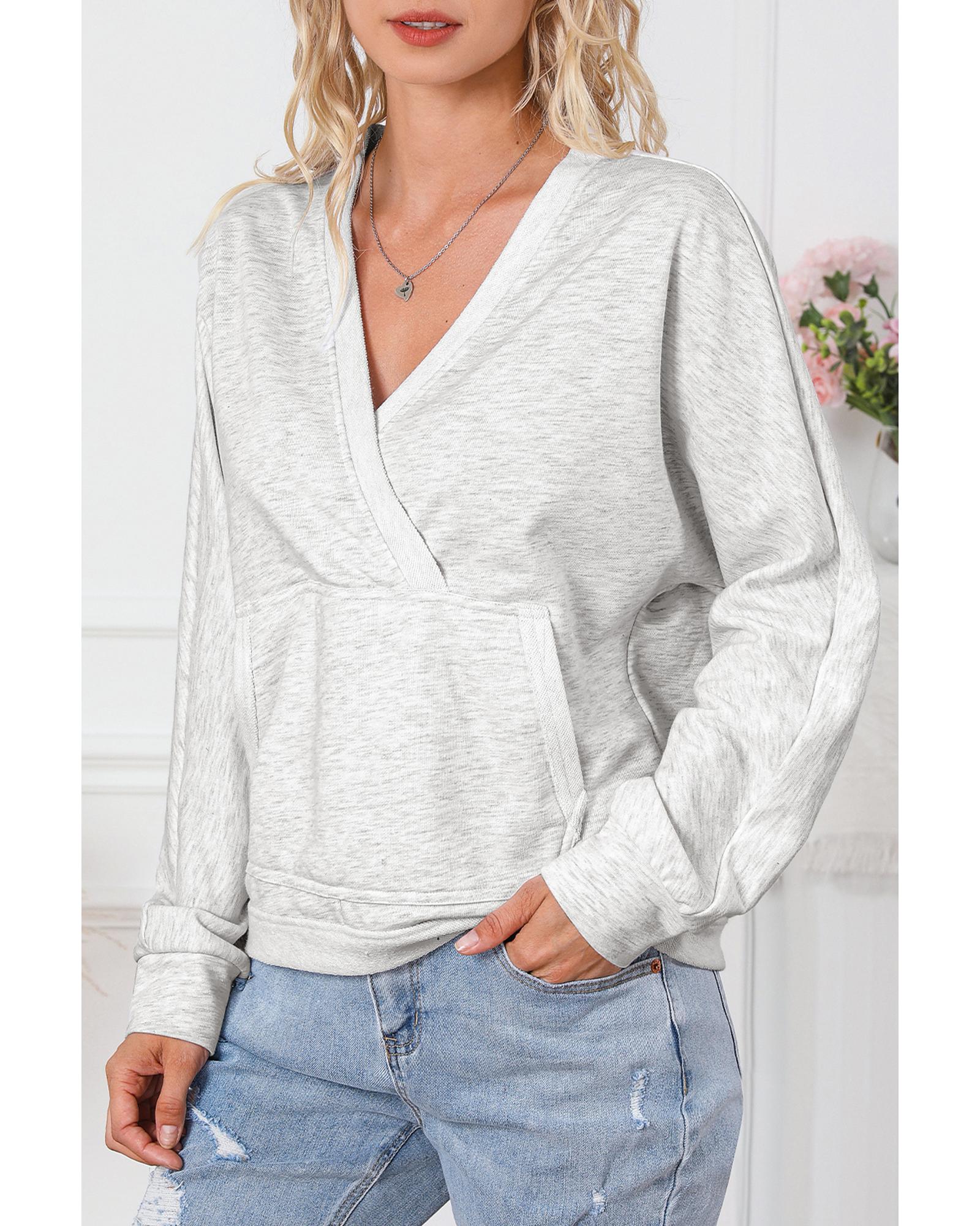 Gray Contrast Trim V Neck Wrap Sweatshirt with Pocket - M 6