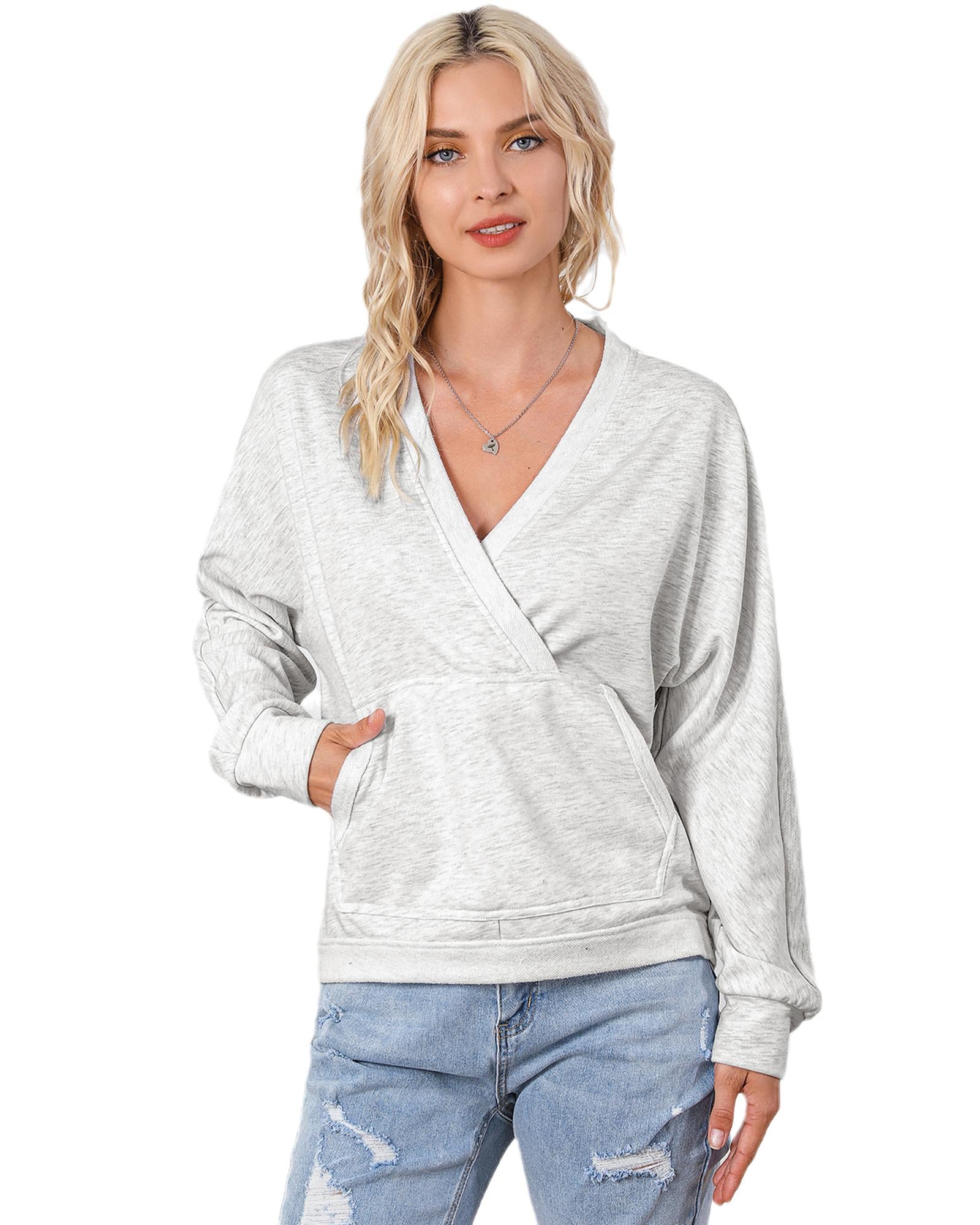 Gray Contrast Trim V Neck Wrap Sweatshirt with Pocket - M 7