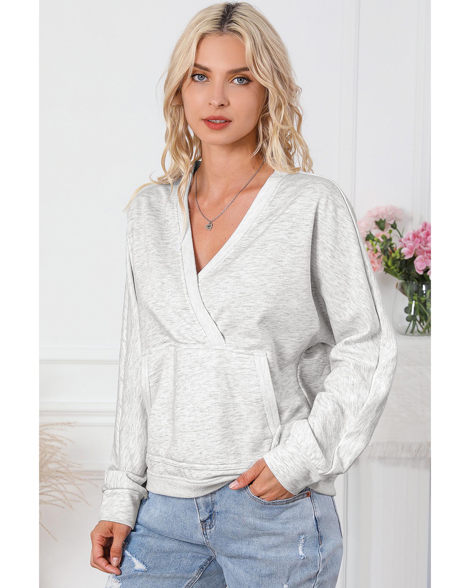Gray Contrast Trim V Neck Wrap Sweatshirt with Pocket - M 8