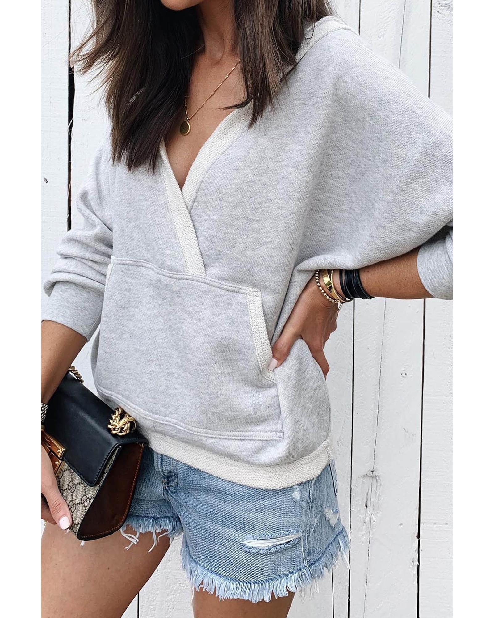 Gray Contrast Trim V Neck Wrap Sweatshirt with Pocket - S
