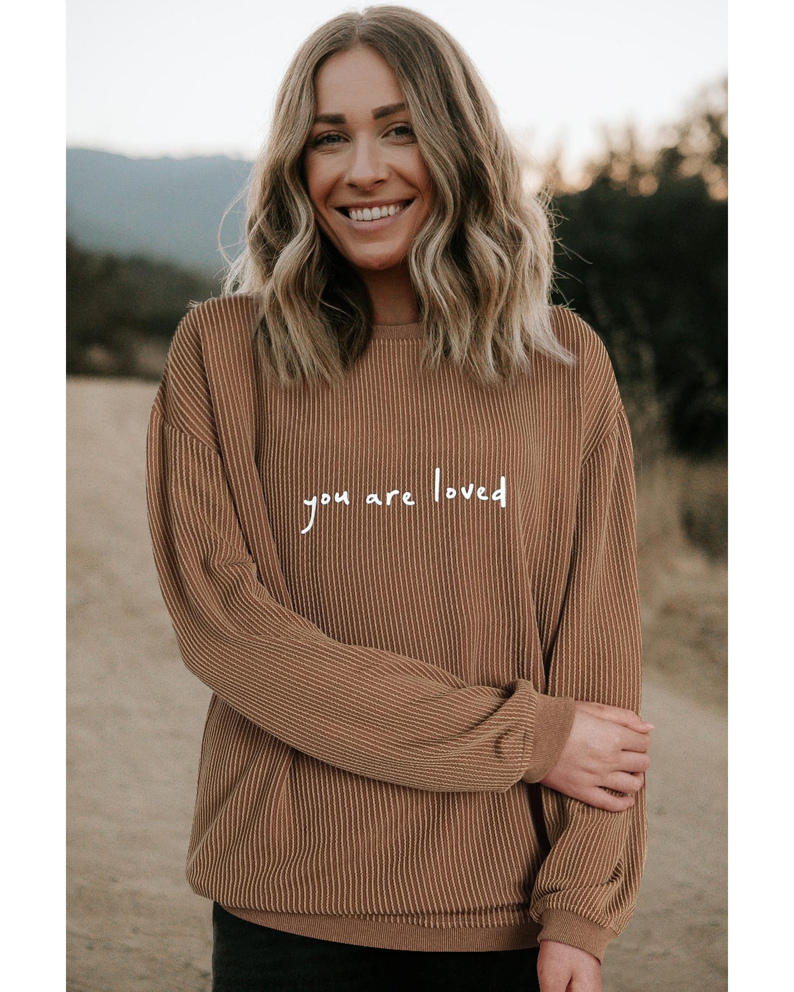Khaki You Are Loved Print Corduroy Sweatshirt - L