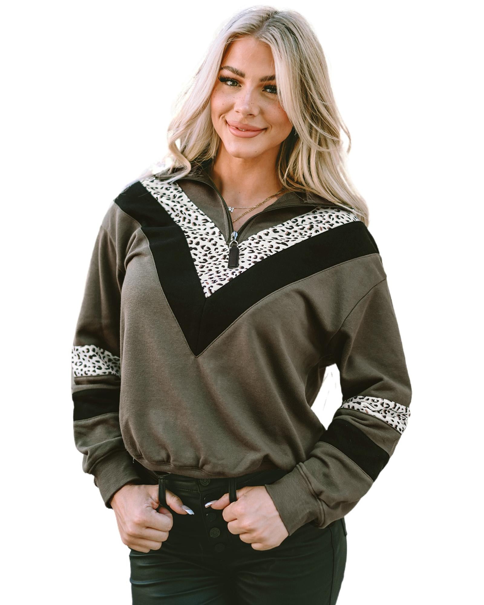 Azura Exchange Leopard Contrast Splicing Quarter Zip Sweatshirt - M 3