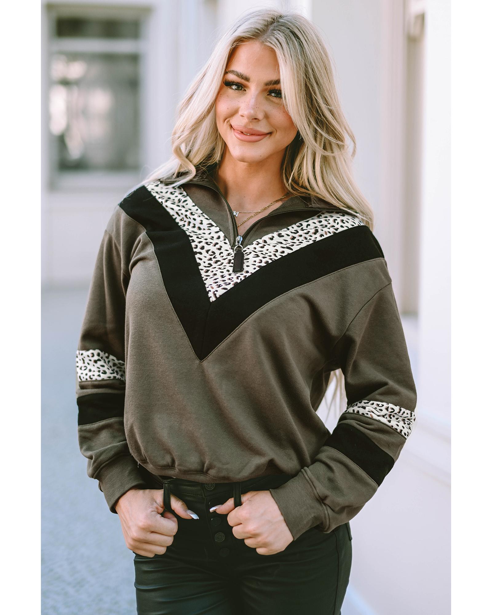 Azura Exchange Leopard Contrast Splicing Quarter Zip Sweatshirt - M 6