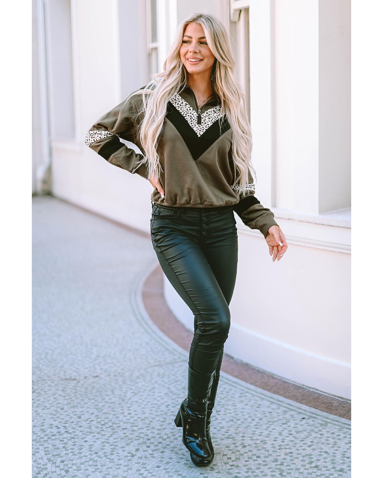 Azura Exchange Leopard Contrast Splicing Quarter Zip Sweatshirt - S 3