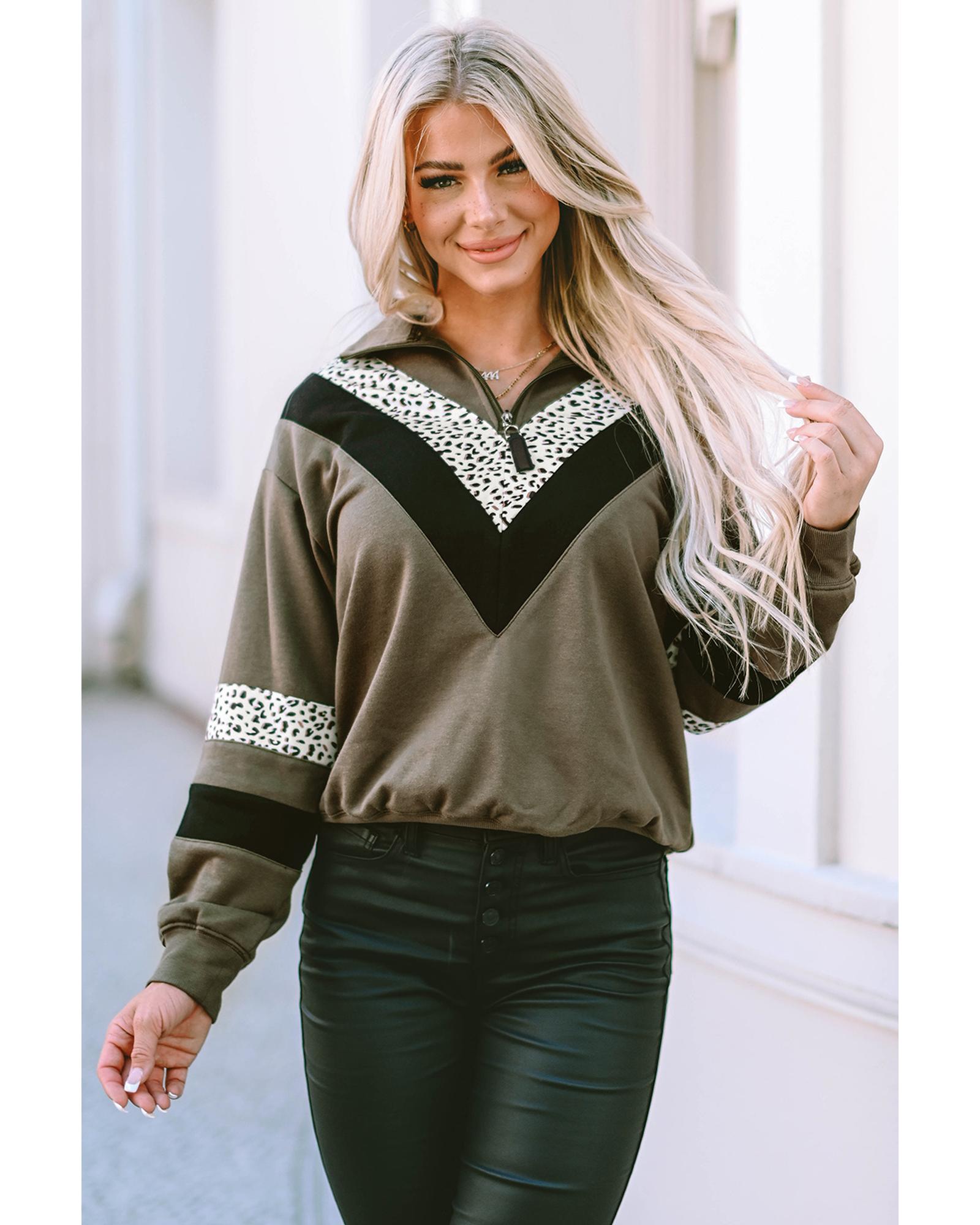 Azura Exchange Leopard Contrast Splicing Quarter Zip Sweatshirt - S 4