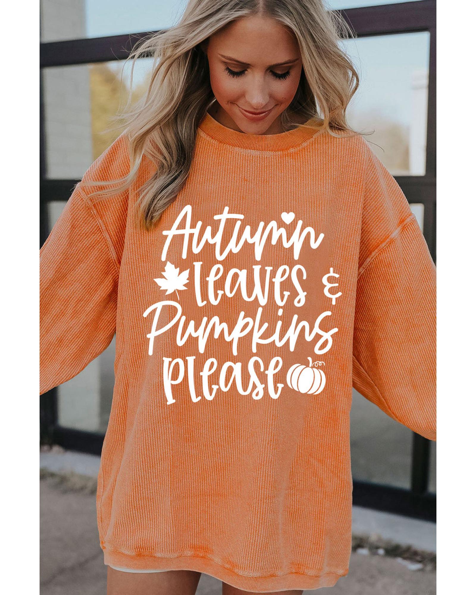 Orange Autumn Leaves Pumpkins Please Ribbed Oversized Sweatshirt - S