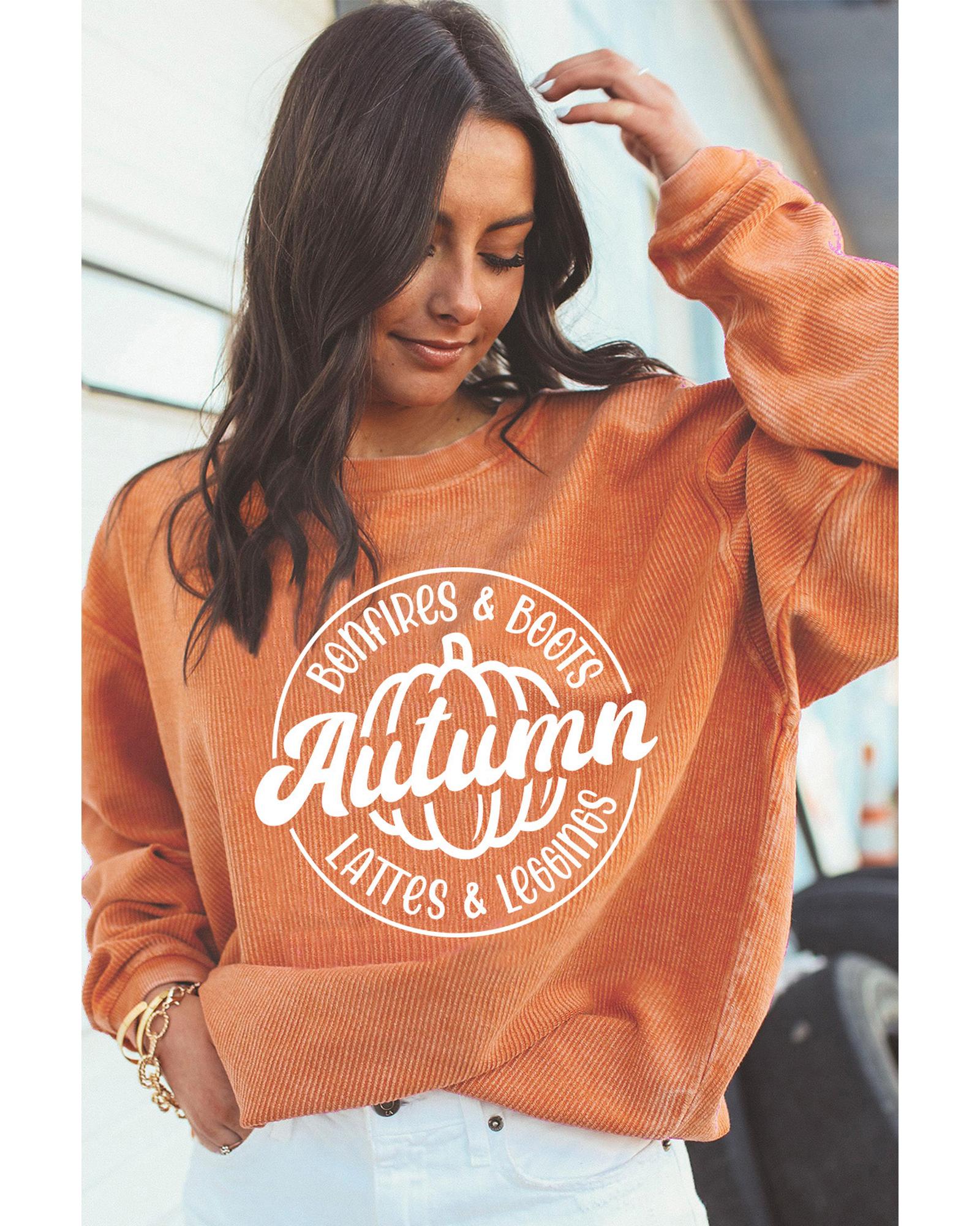 Orange Autumn Pumpkin Graphic Print Corded Oversized Sweatshirt - L