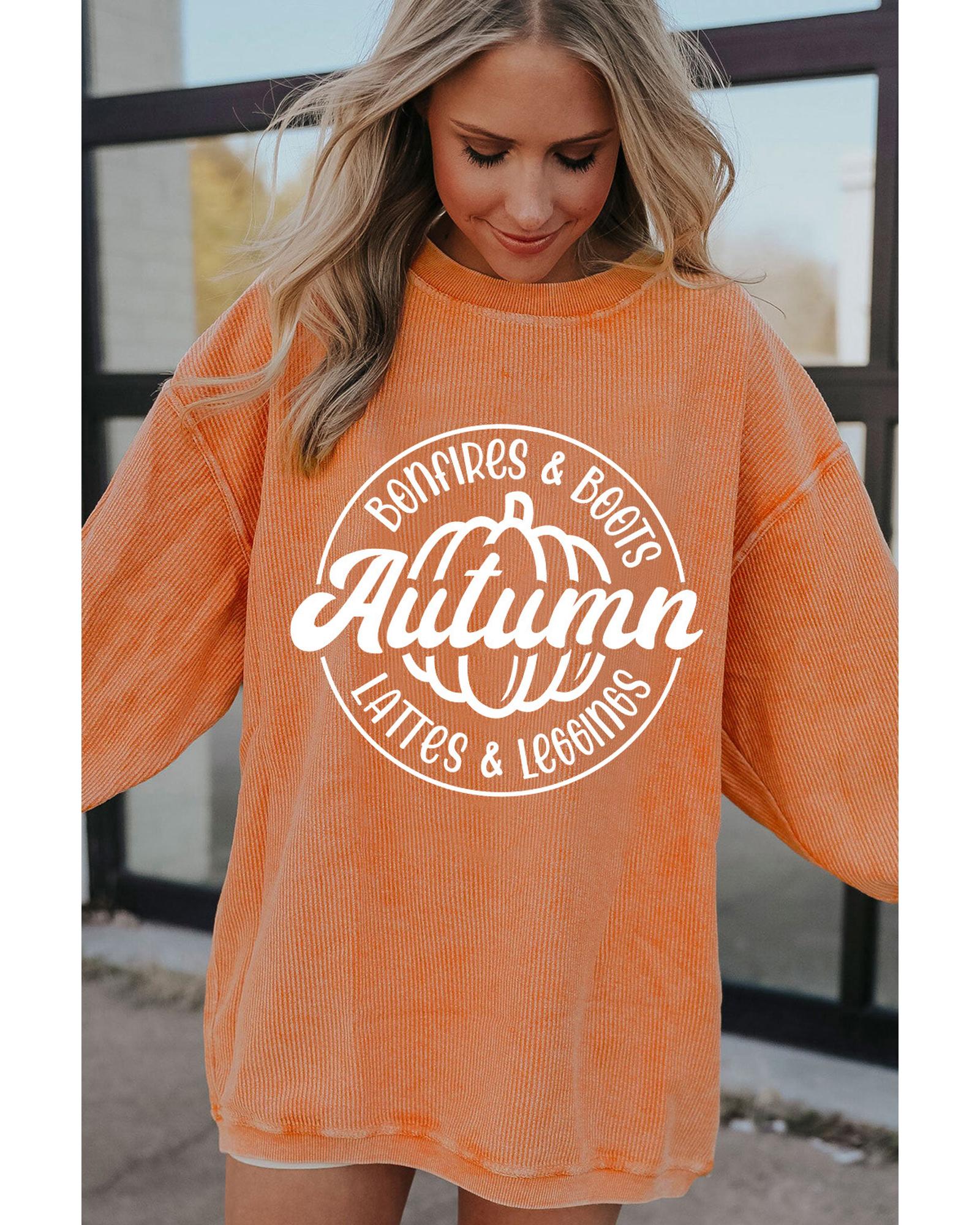 Orange Autumn Pumpkin Graphic Print Corded Oversized Sweatshirt - L