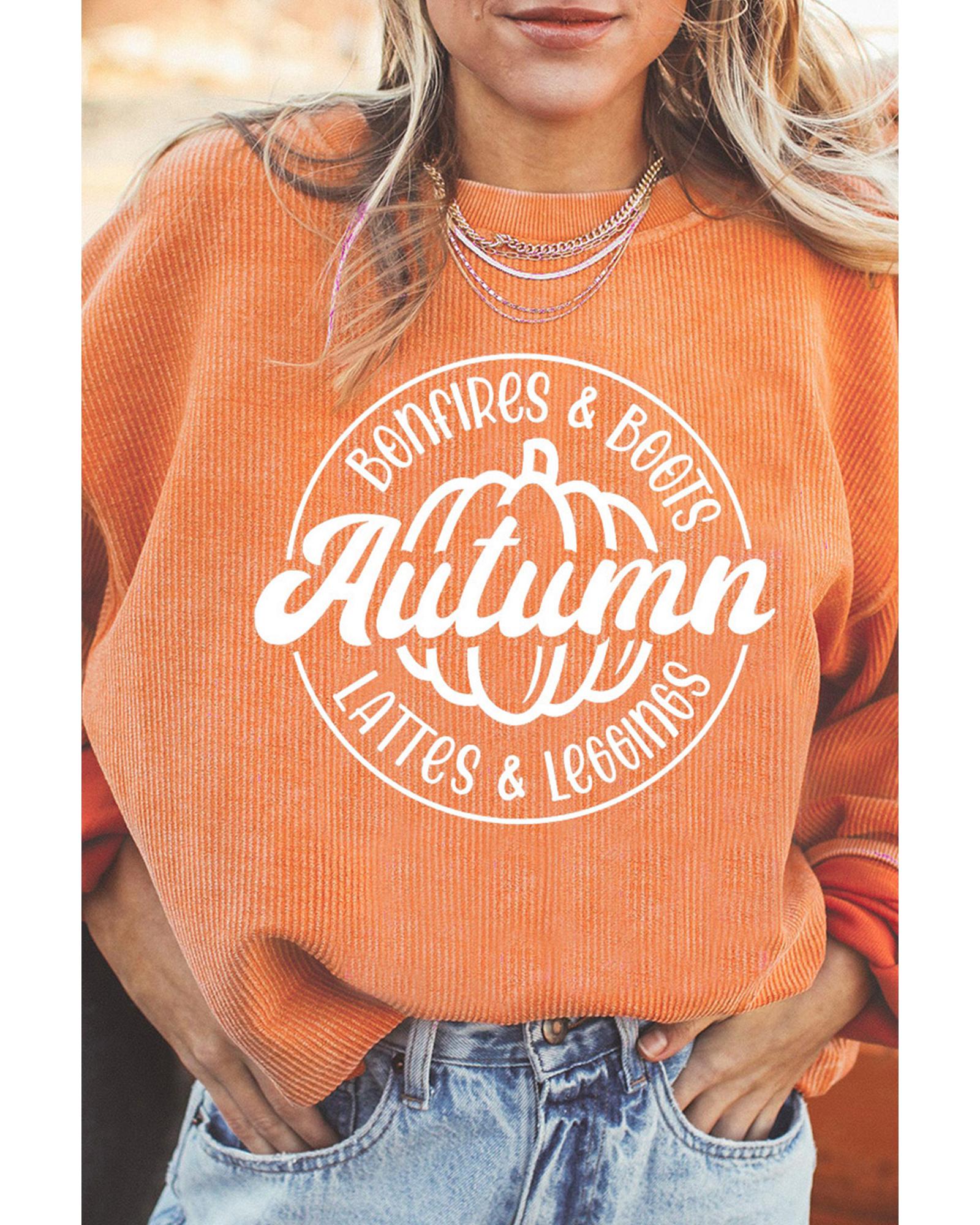 Orange Autumn Pumpkin Graphic Print Corded Oversized Sweatshirt - L 5