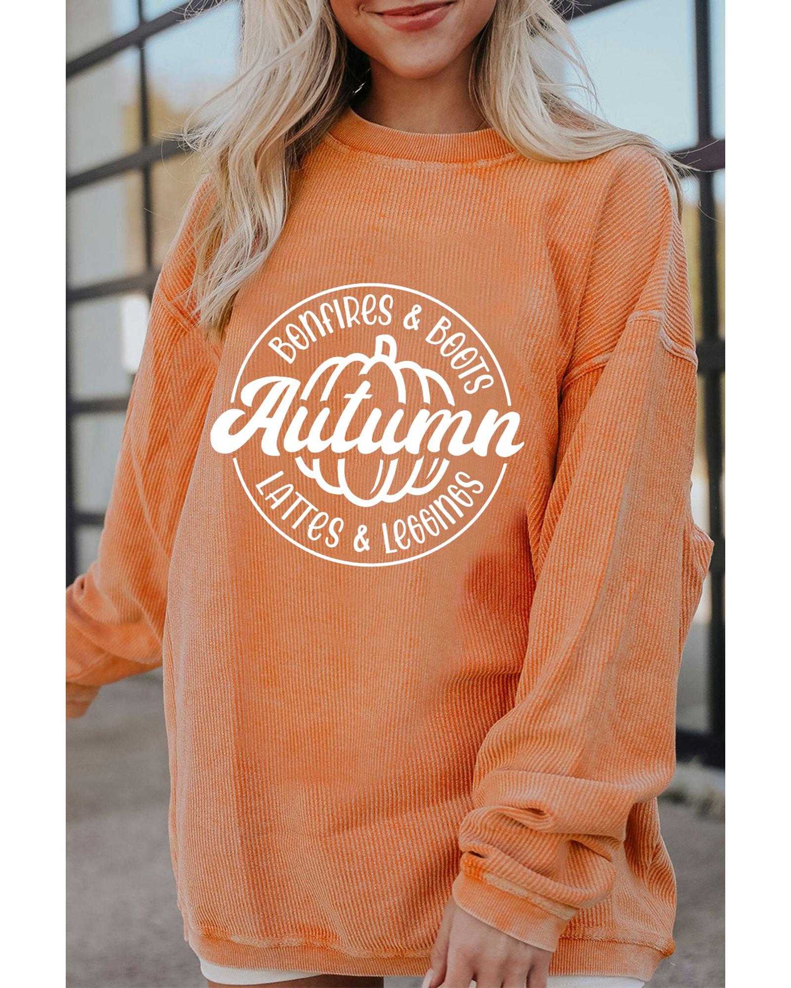 Orange Autumn Pumpkin Graphic Print Corded Oversized Sweatshirt - XL 4