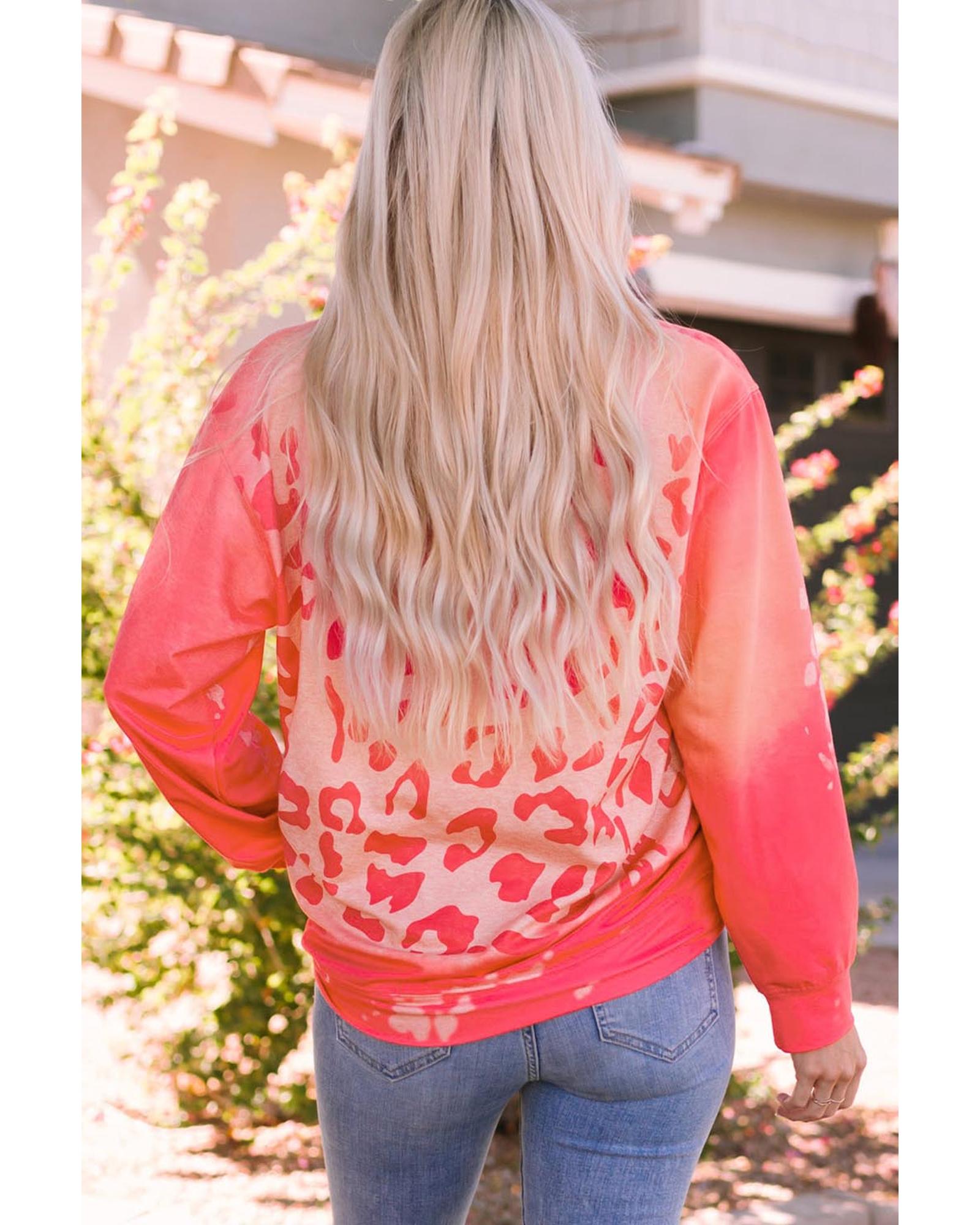 Pink FALL Leopard Print Long Sleeve Pullover Sweatshirt - XL