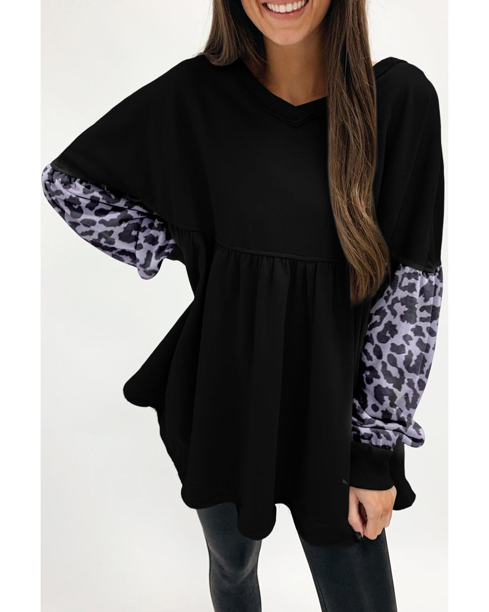 Azura Exchange Leopard Splicing Ruffle Sweatshirt - S