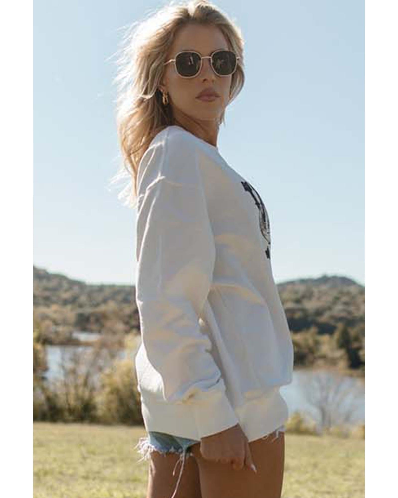 White WILD WEST Steer Skull Graphic Ribbed Sweatshirt - L