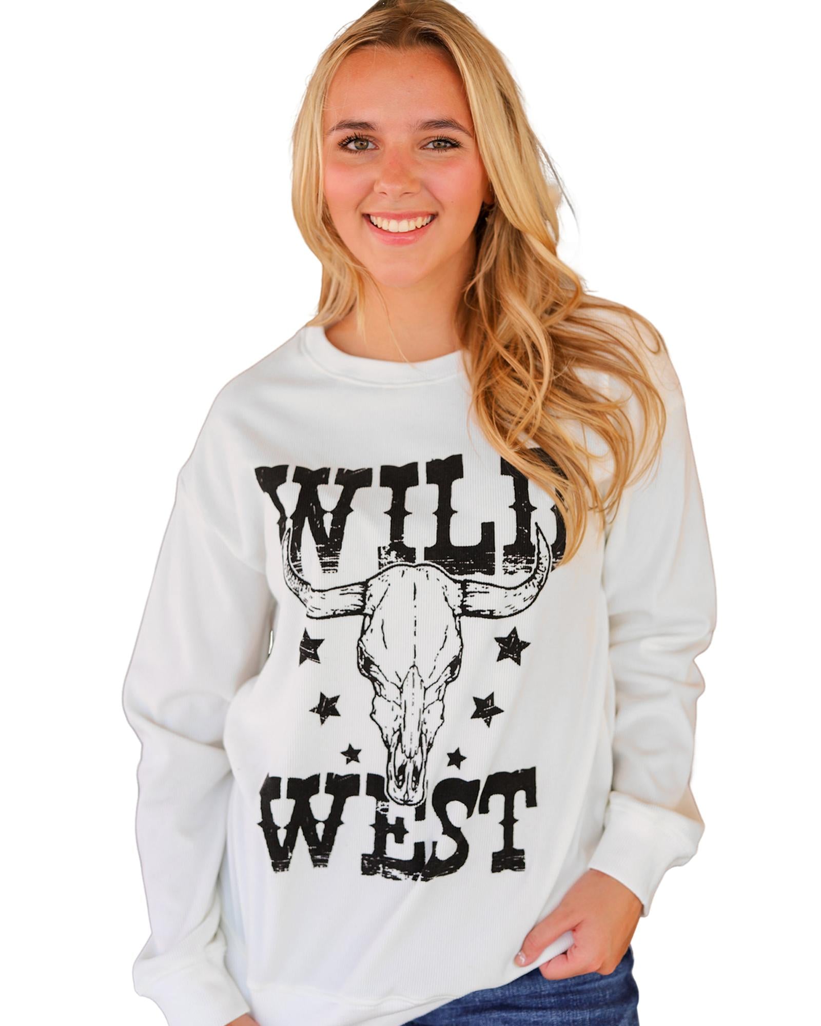 White WILD WEST Steer Skull Graphic Ribbed Sweatshirt - L