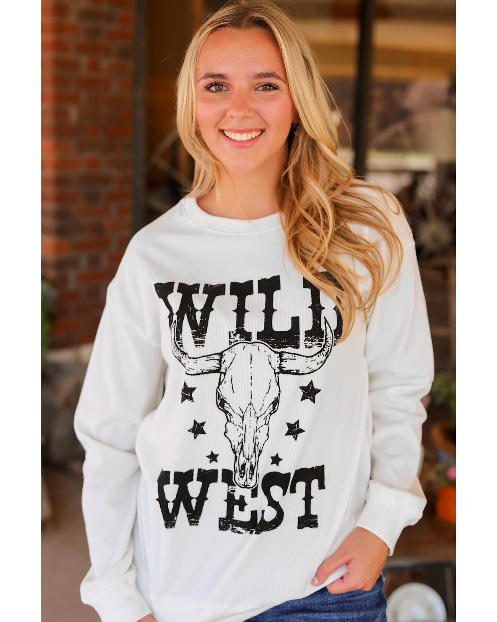 White WILD WEST Steer Skull Graphic Ribbed Sweatshirt - L 3