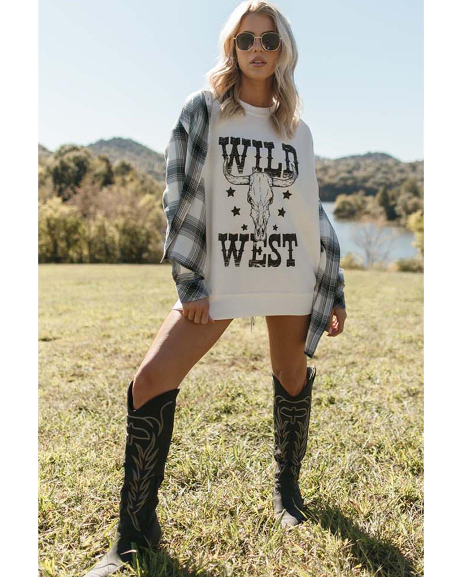 White WILD WEST Steer Skull Graphic Ribbed Sweatshirt - L 6