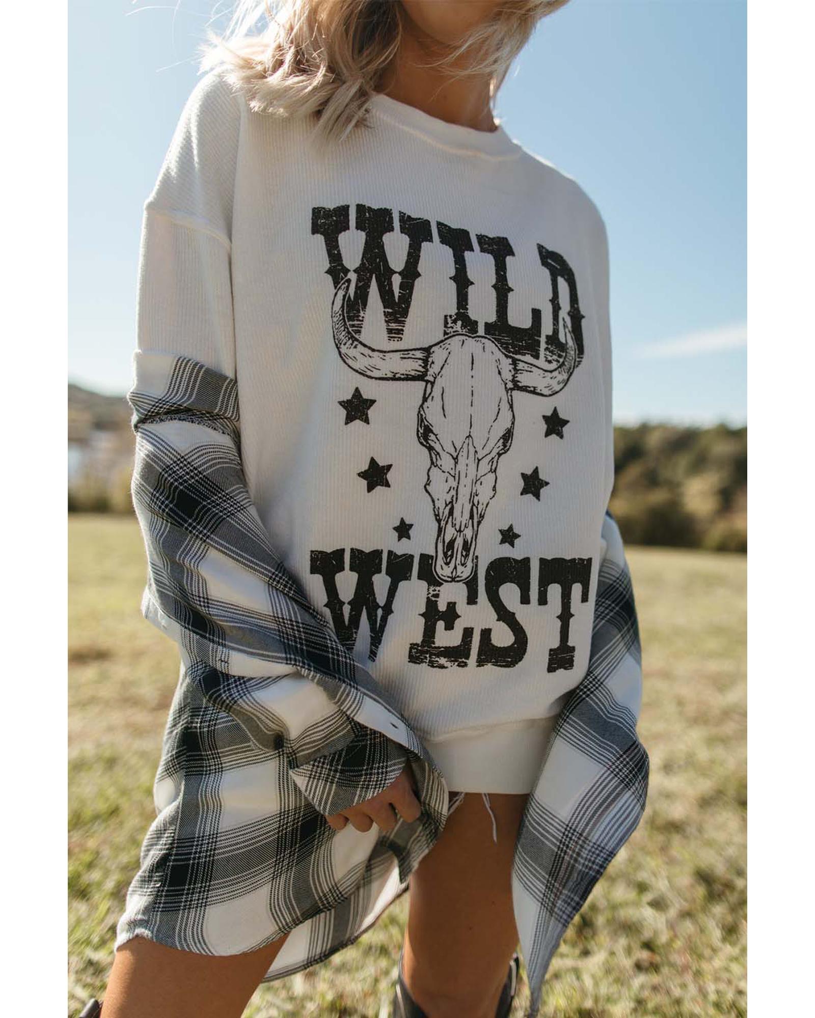 White WILD WEST Steer Skull Graphic Ribbed Sweatshirt - L 7